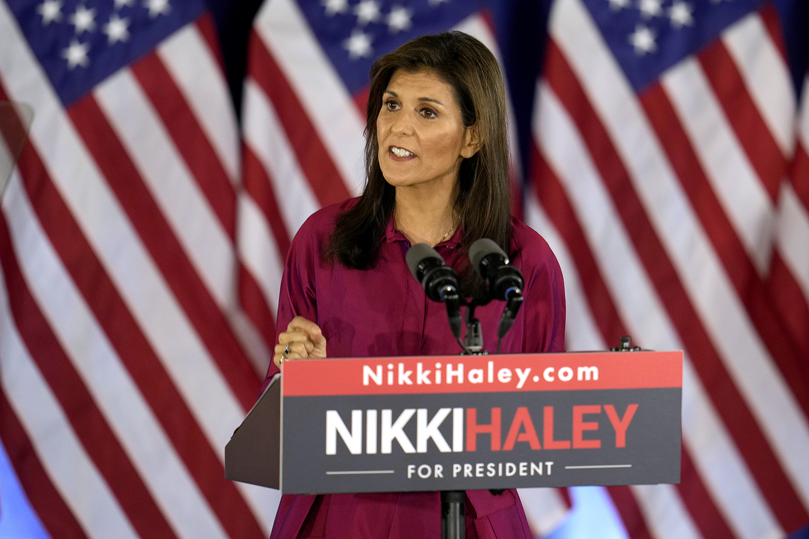 Republican presidential candidate Nikki Haley speaks at a caucus night party at the Marriott Hotel in West Des Moines, Iowa, on Monday, Jan. 15.