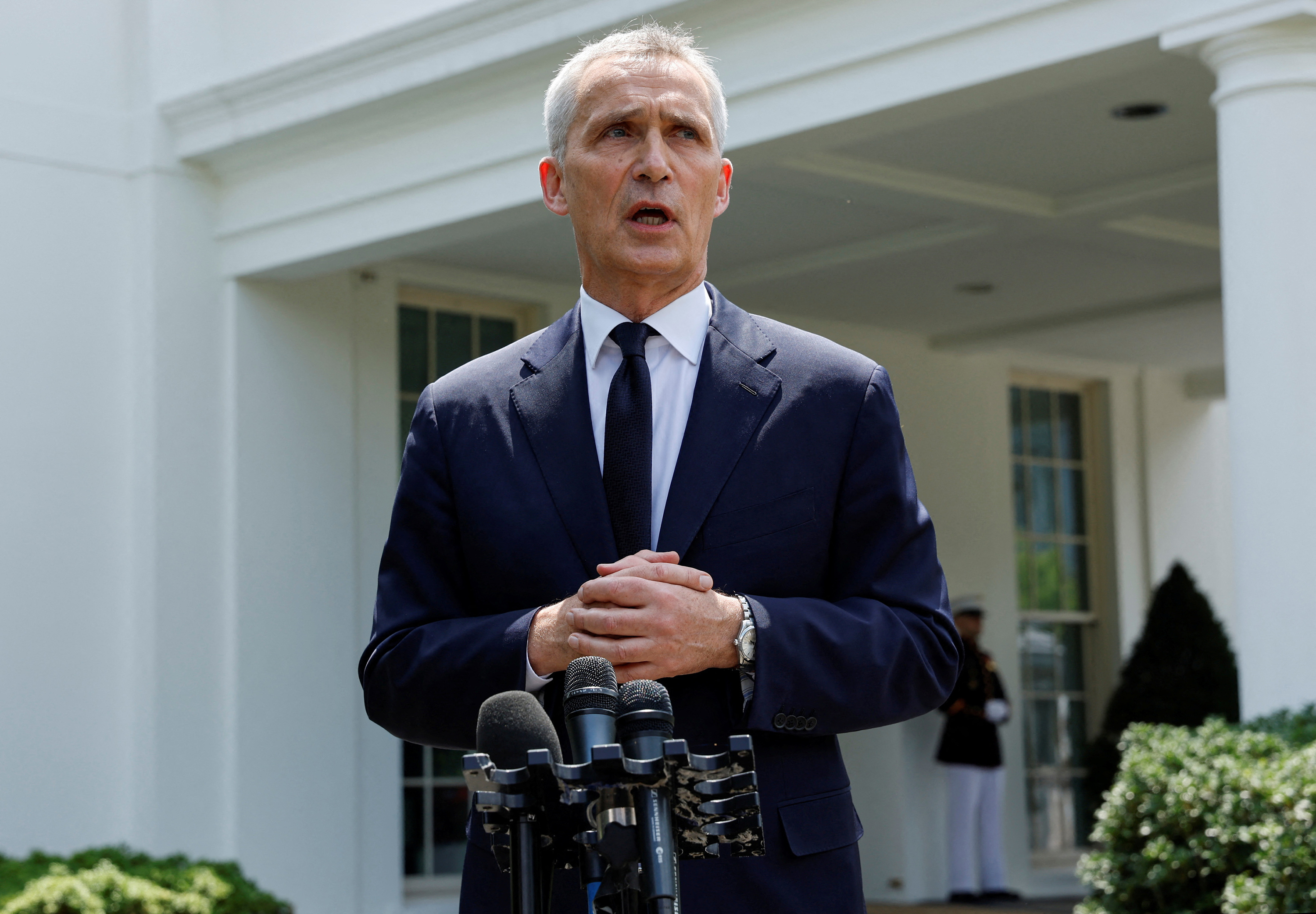 NATO Secretary General Jens Stoltenberg talks to reporters after meeting with US President Joe Biden at the White House in Washington, DC, on June 13.