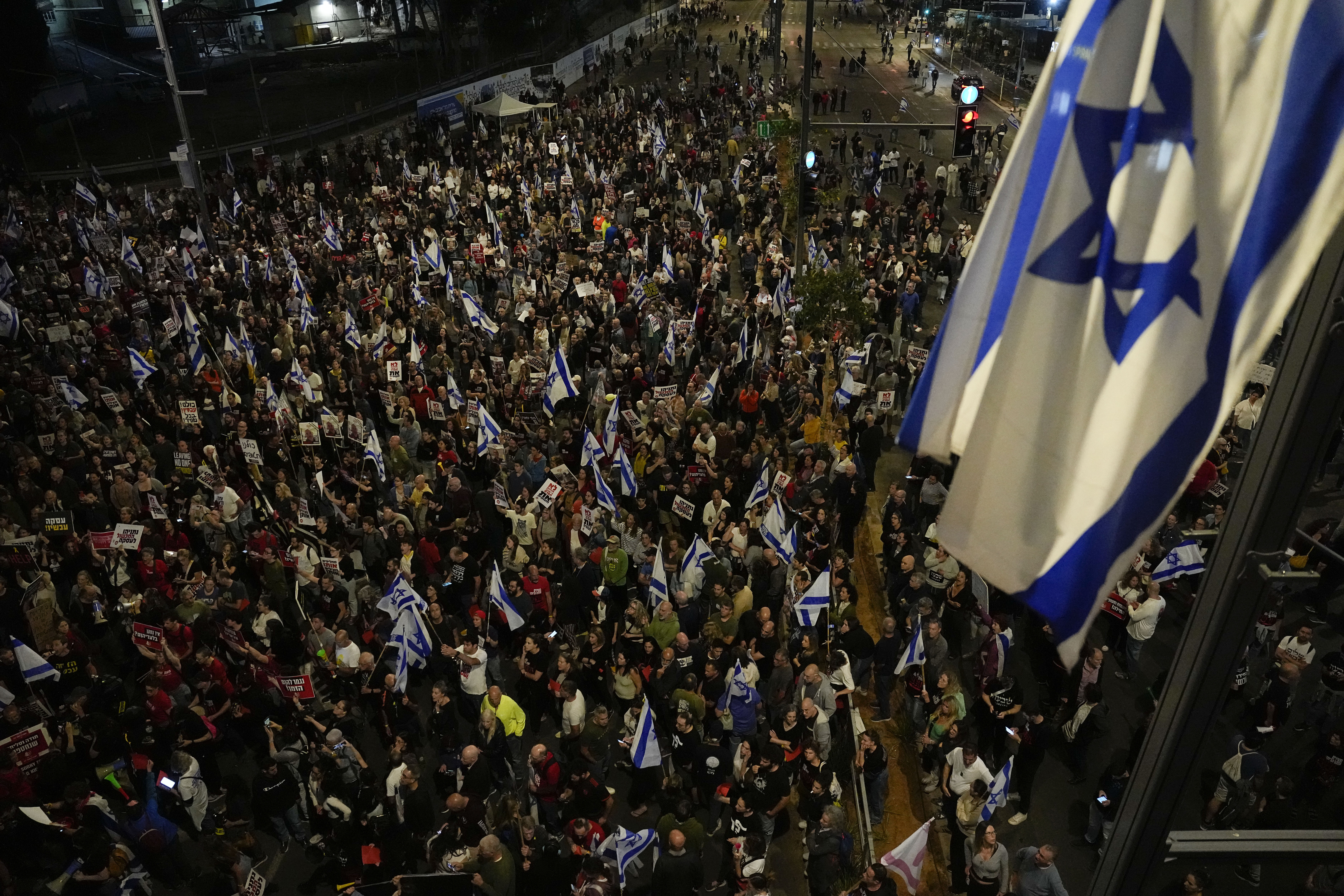 People protest against Israeli Prime Minister Benjamin Netanyahu's government, and call for the release of hostages held in Gaza, in Tel Aviv, Israel, on April 6.