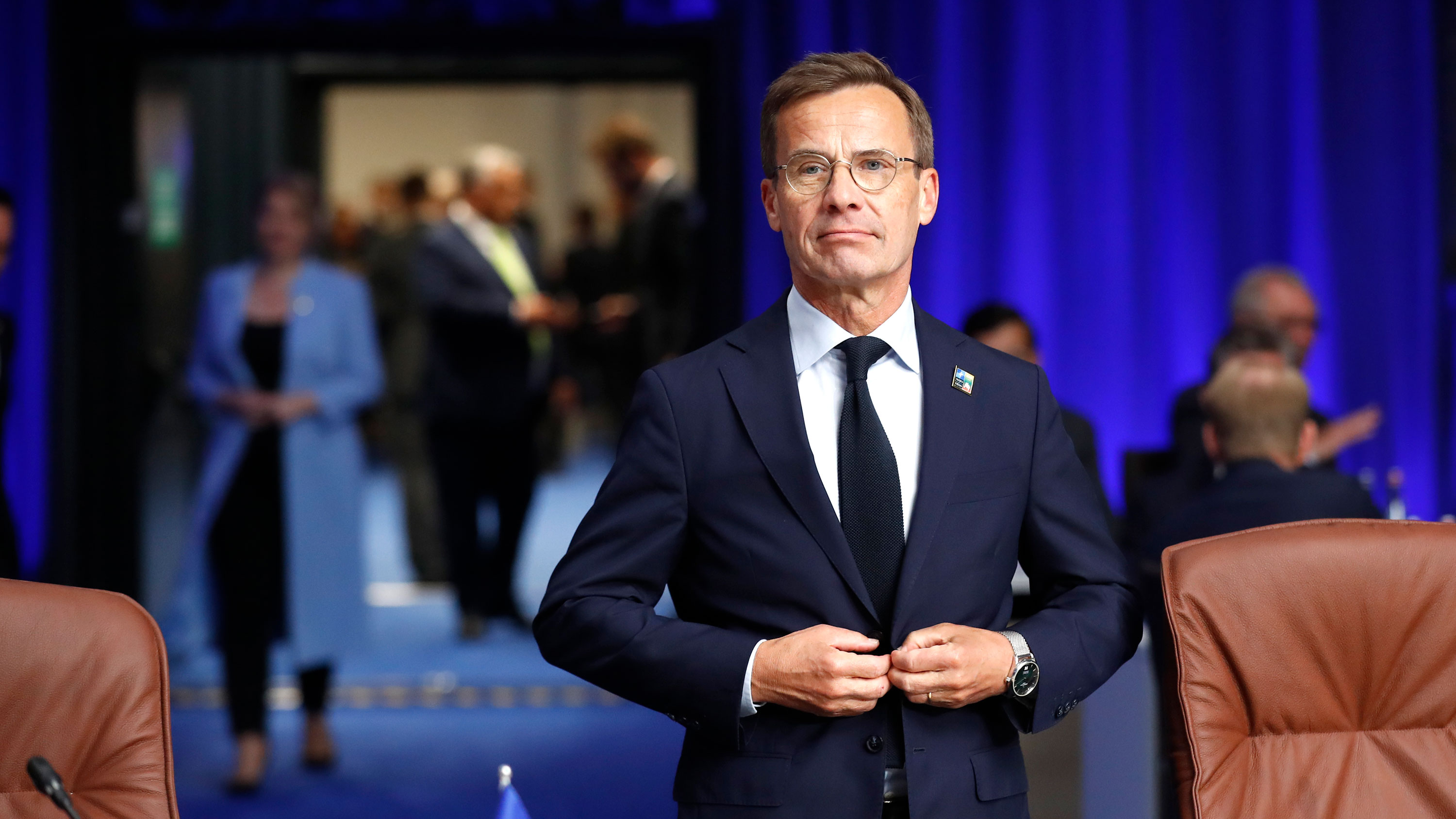 Swedish Prime Minister Ulf Kristersson arrives for a round table meeting of the North Atlantic Council during the NATO summit in Vilnius, Lithuania, on Tuesday.