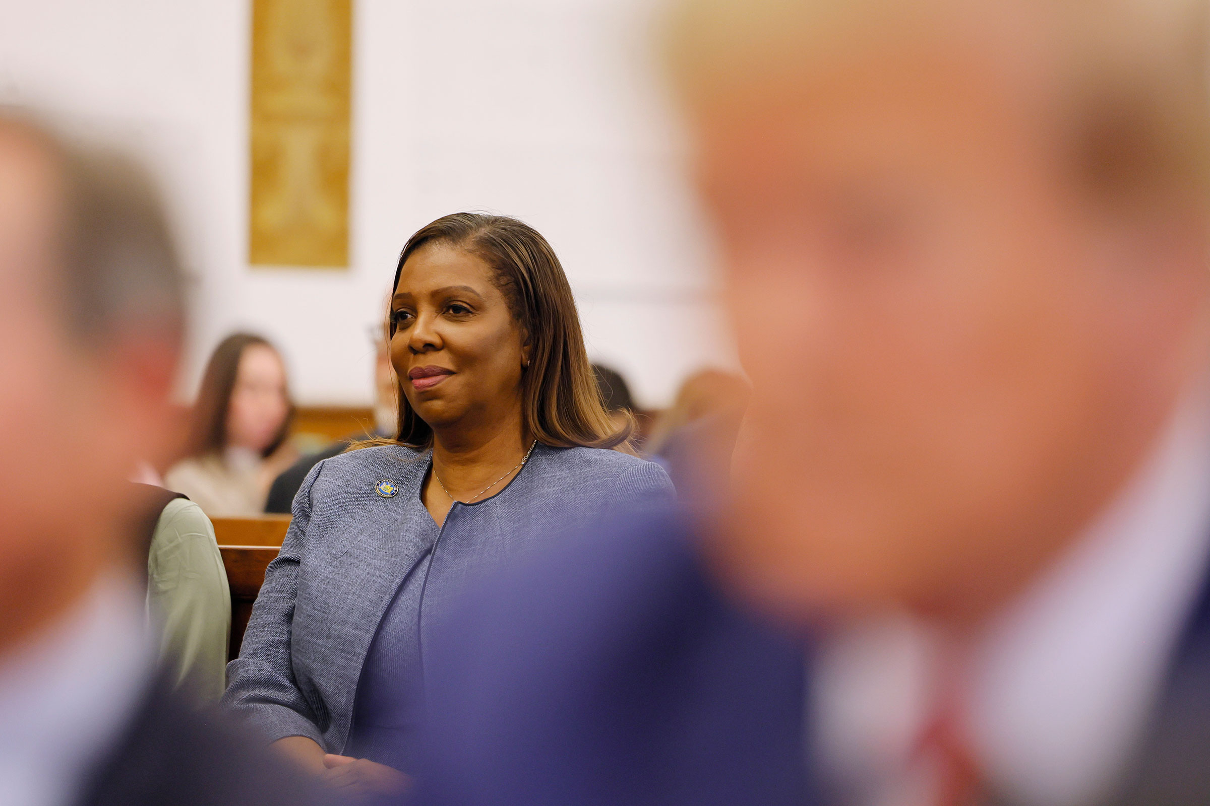 Attorney General Letitia James sits in the courtroom for the civil fraud trial of former U.S. President Donald Trump in New York State Supreme Court on January 11, 2024 in New York City. 