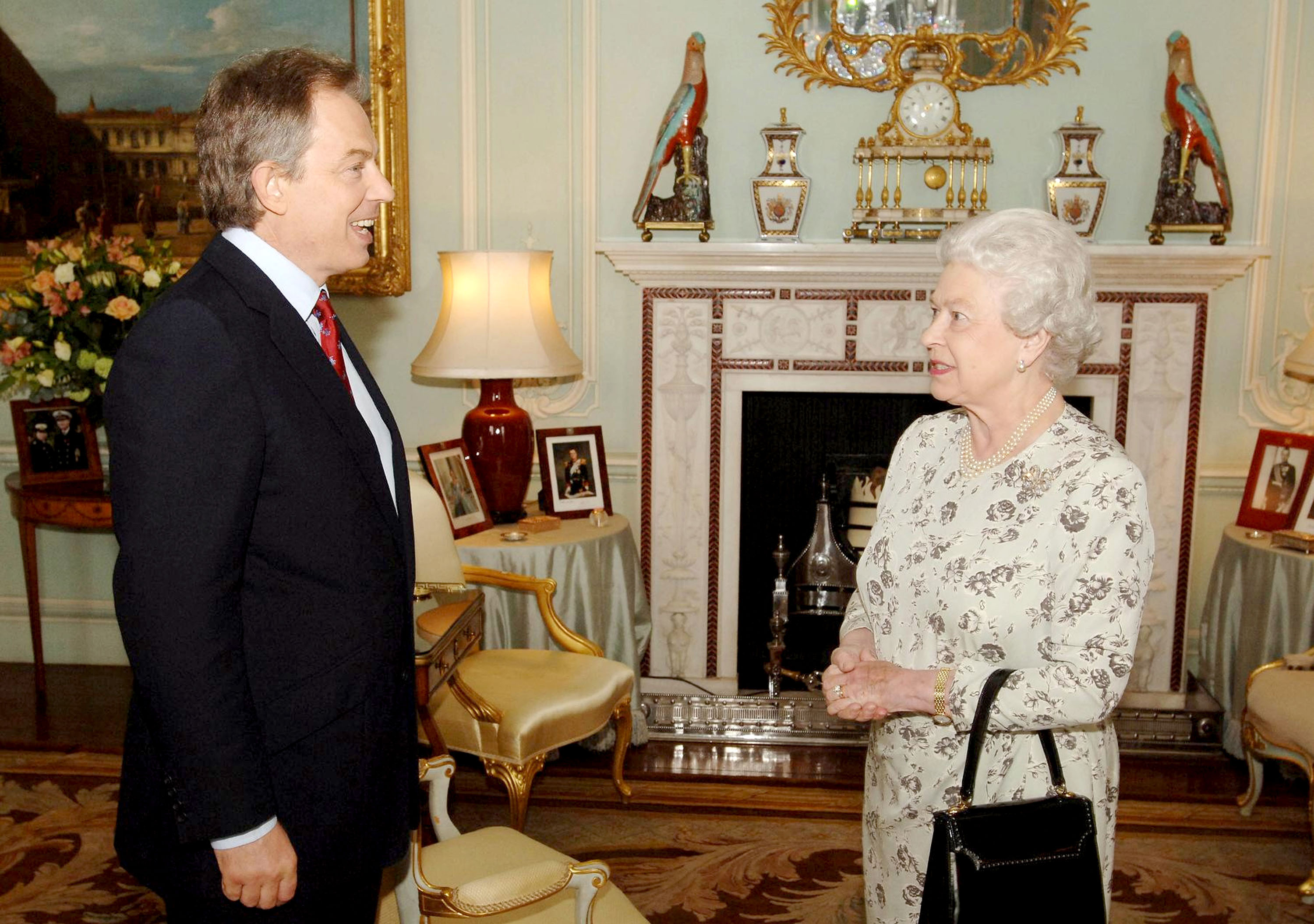 The Queen receives then-Prime Minister Tony Blair  2005, at Buckingham Palace after the Labour Party won a historic third term in office - but with a reduced majority. (Photo by Anwar Hussein Collection/ROTA/WireImage)