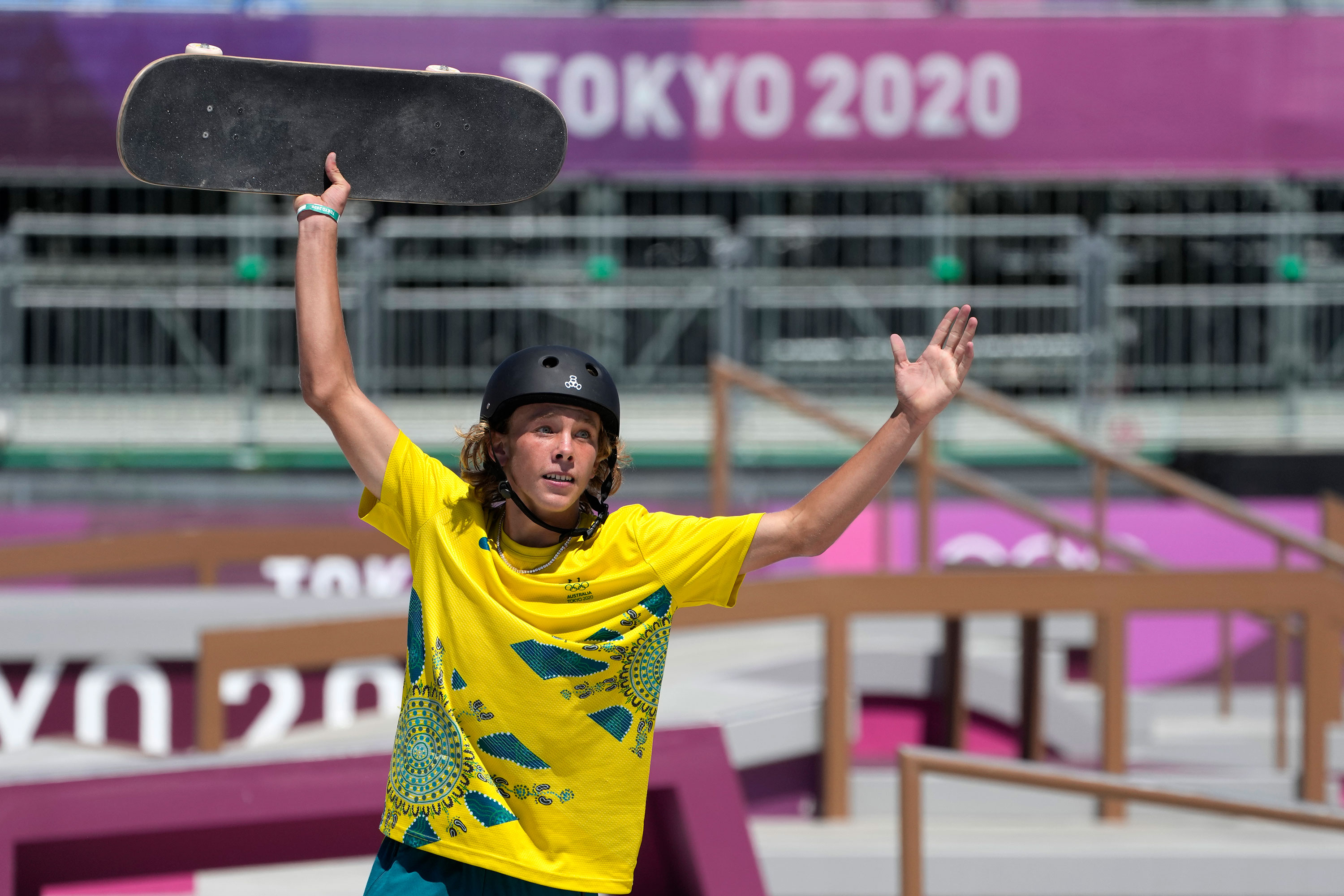 Australia's Keegan Palmer reacts during the park skateboarding final on August 5.