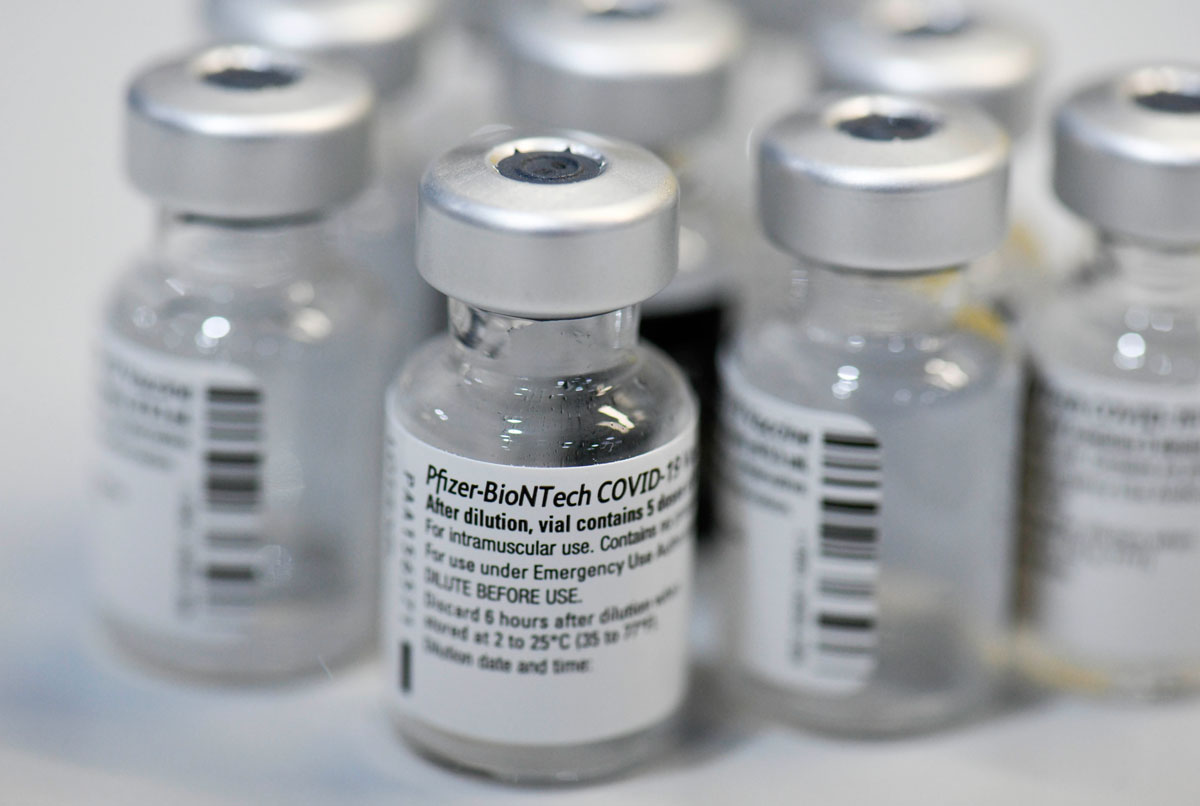 Empty vials of the Pfizer-BioNTech Covid-19 vaccine are displayed at a vaccination center in Ludwigsburg, Germany on January 22.