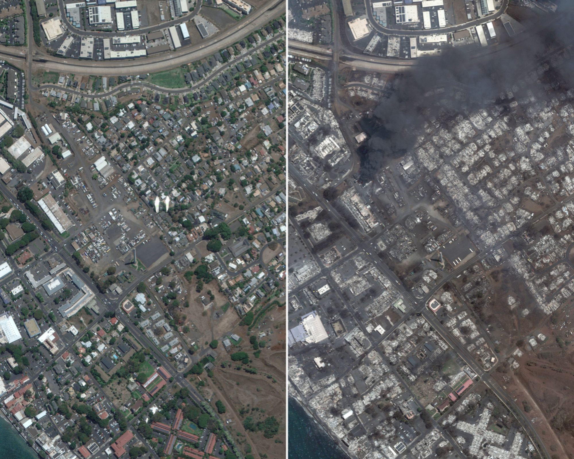 Satellite imagery from before and after a deadly wildfire gutted the Maui town of Lahaina.