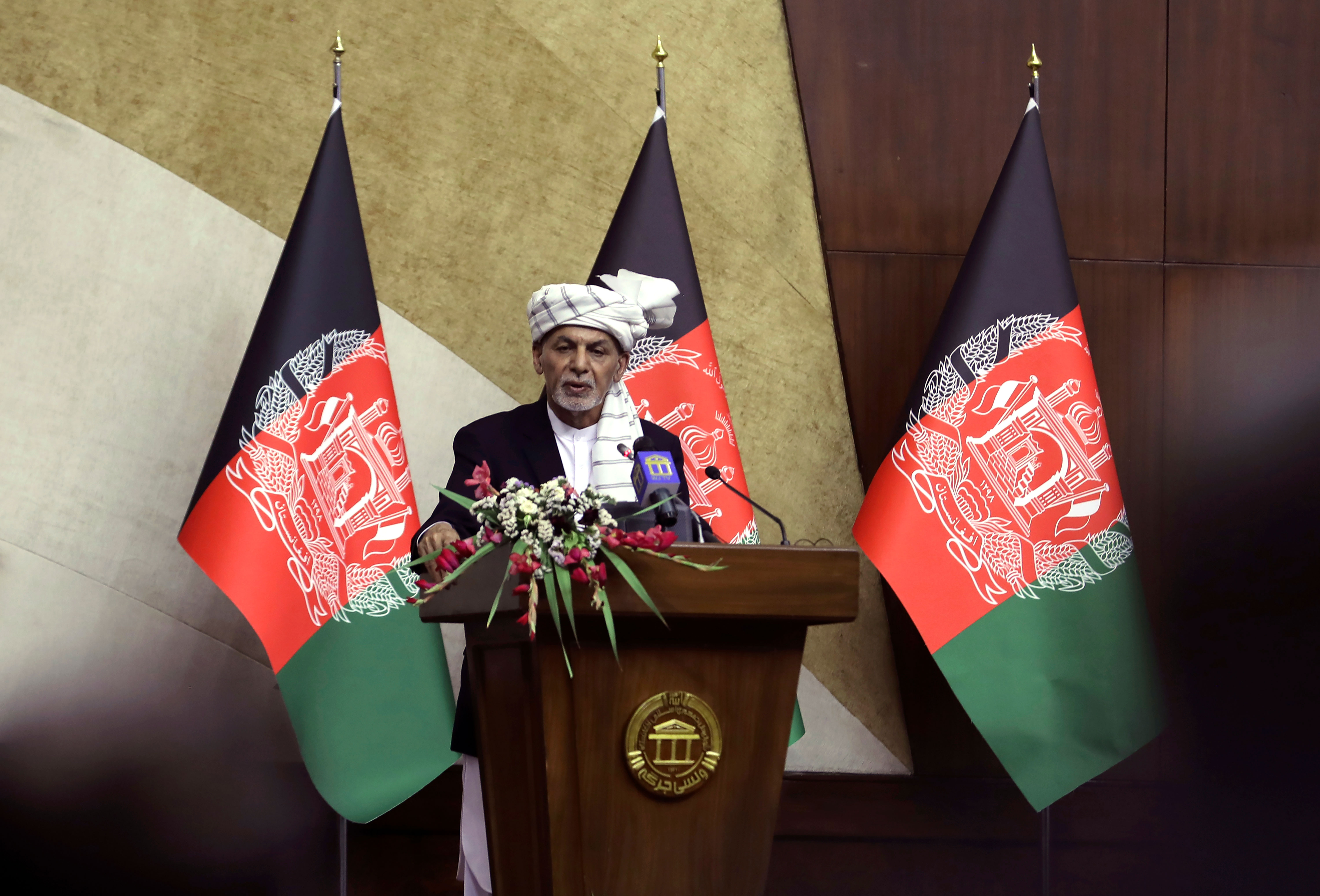 Afghanistan's President Ashraf Ghani speaks in Kabul, Afghanistan, on August 2, 2021.