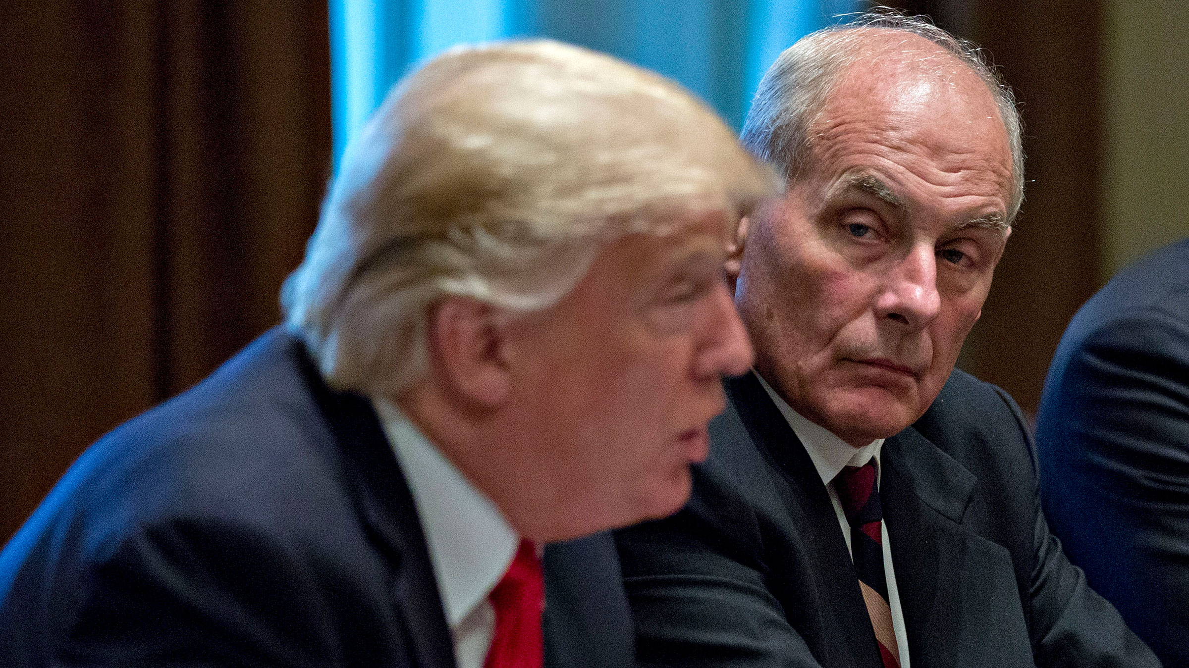 Former Chief of Staff John Kelly listens as President Donald Trump speaks at a briefing on October 5, 2017 in Washington, D.C. 