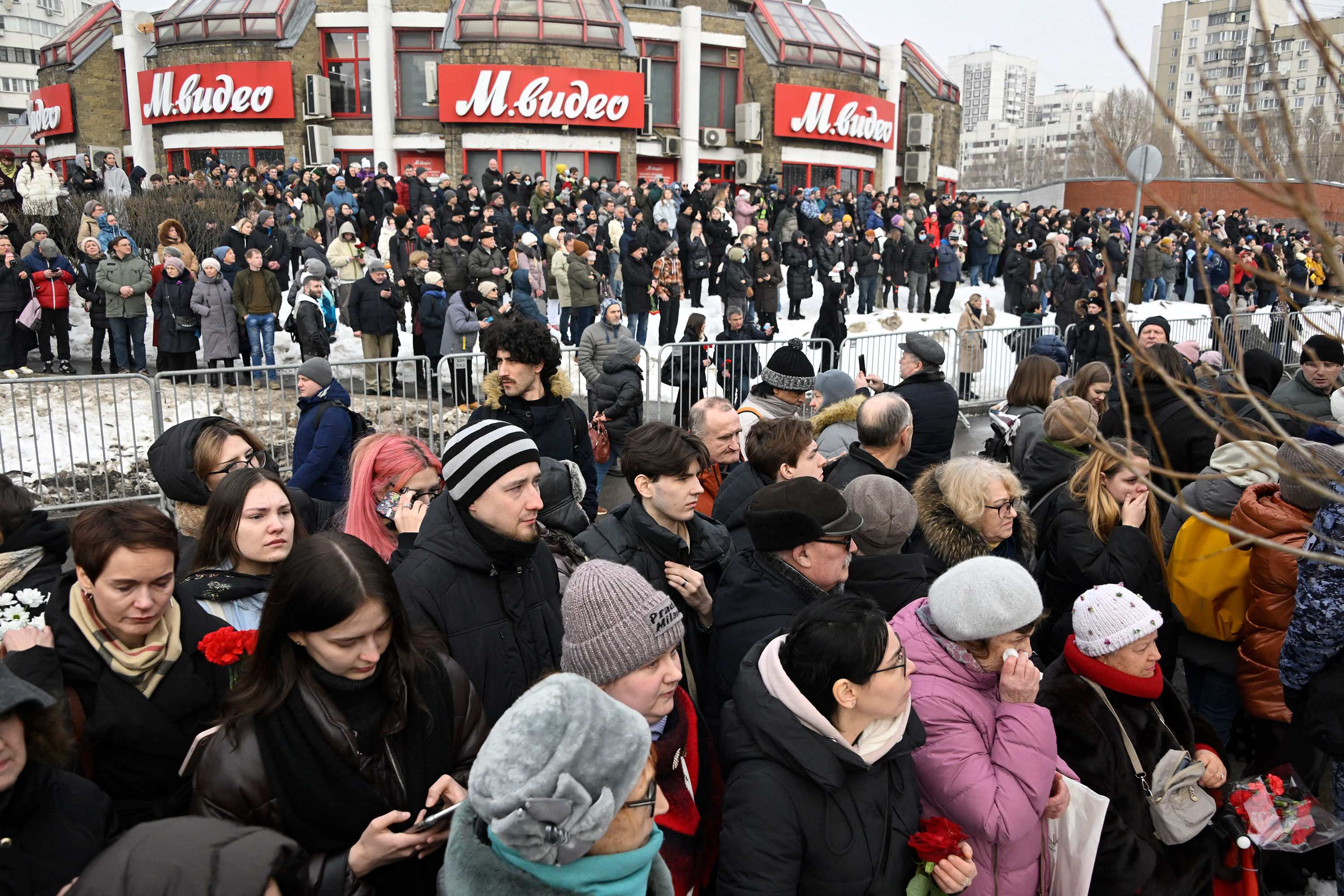 Mourners gather outside the Church of the Icon of the Mother of God 'Quench My Sorrows' ahead of Navalny's funeral service in Moscow on Friday.