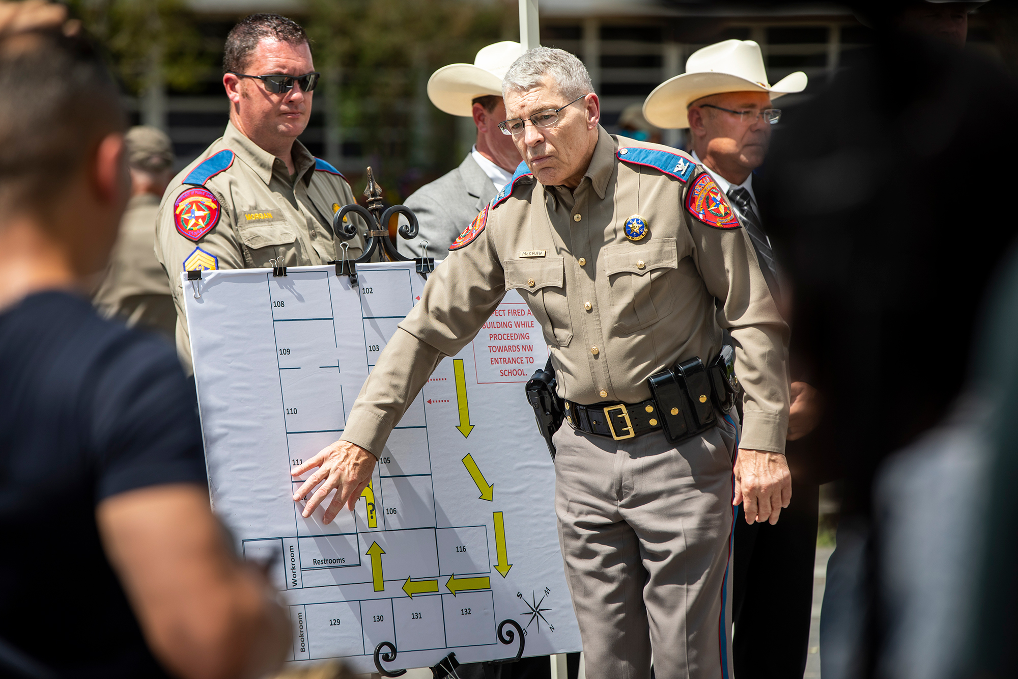 Steven McCraw, the Director and Colonel of the Texas Department of Public Safety, points to a map of the shooter’s movements during a press conference in Uvalde, Texas, on Friday, May 27.
