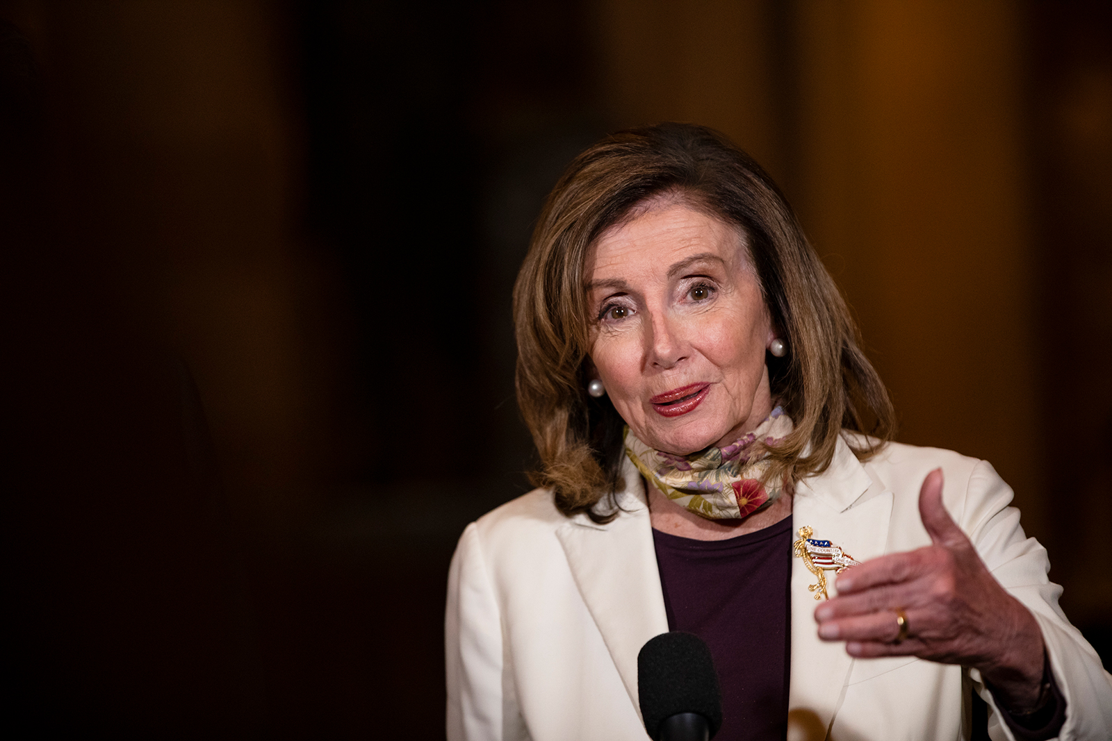 US House Speaker Nancy Pelosi speaks to reporters following continued negotiations with Treasury Secretary Steven Mnuchin and White House Chief of Staff Mark Meadows on a new economic relief bill in response to the coronavirus pandemic on Capitol Hill on August 6, in Washington, DC. 