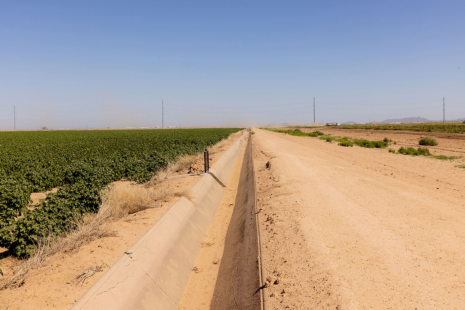 A dry irrigation canal runs along the edge of a field at a farm in Casa Grande, Arizona, in August 2021.