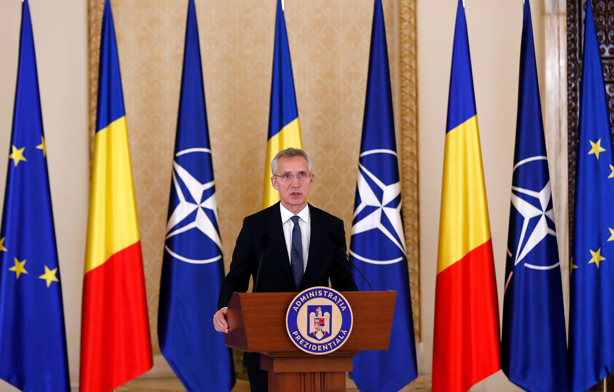 NATO Secretary General Jens Stoltenberg speaks at a press conference at the end of a meeting with Romanian President Klaus Iohannis at Cotroceni Presidential Palace in Bucharest, Romania, on November 28.