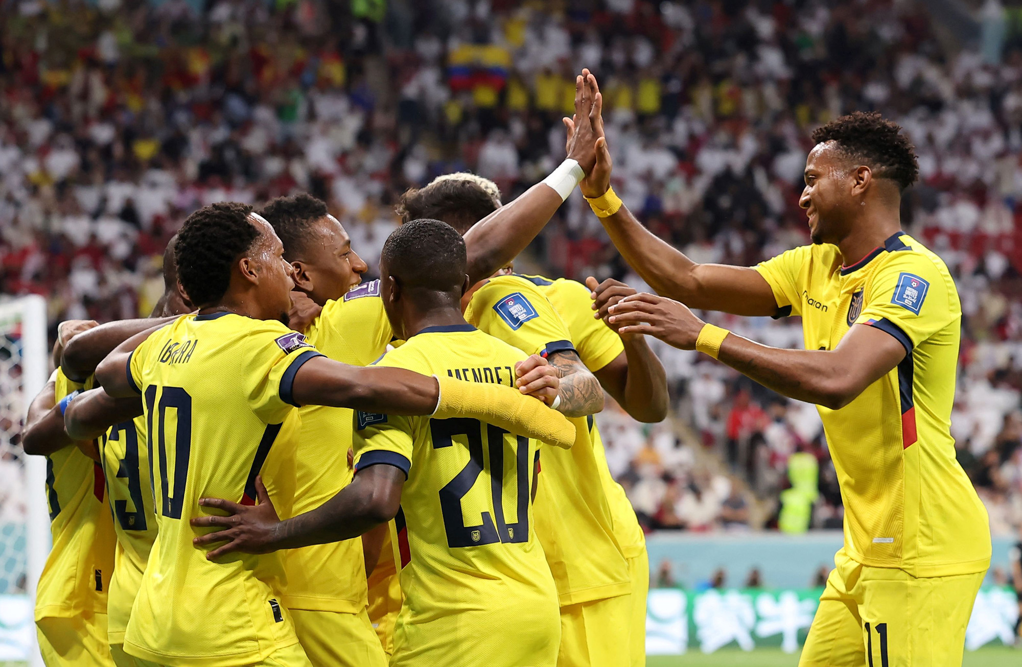 Ecuador celebrates after Enner Valencia scored on a penalty shot.
