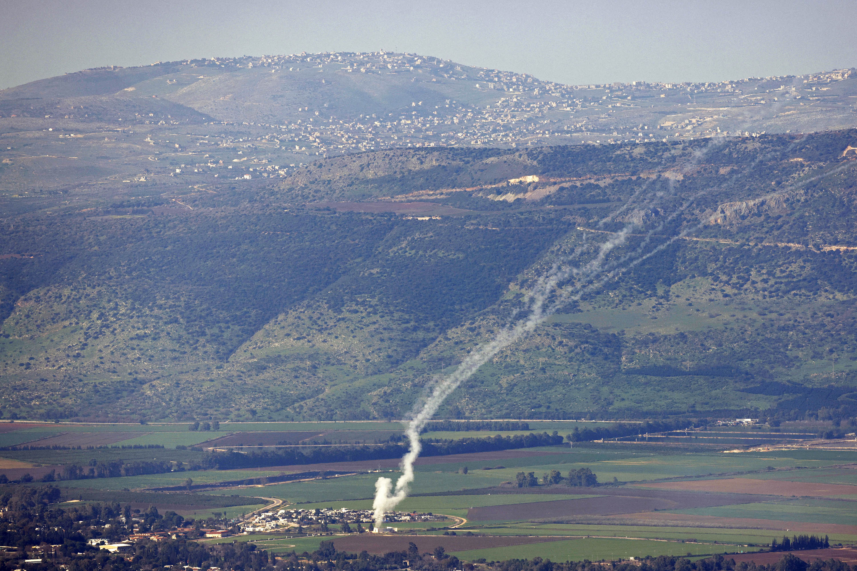 A photo taken from northern Israel shows a launch by Israel's Iron Dome missile defense system to intercept rockets being fired from Lebanon, on February 28. 