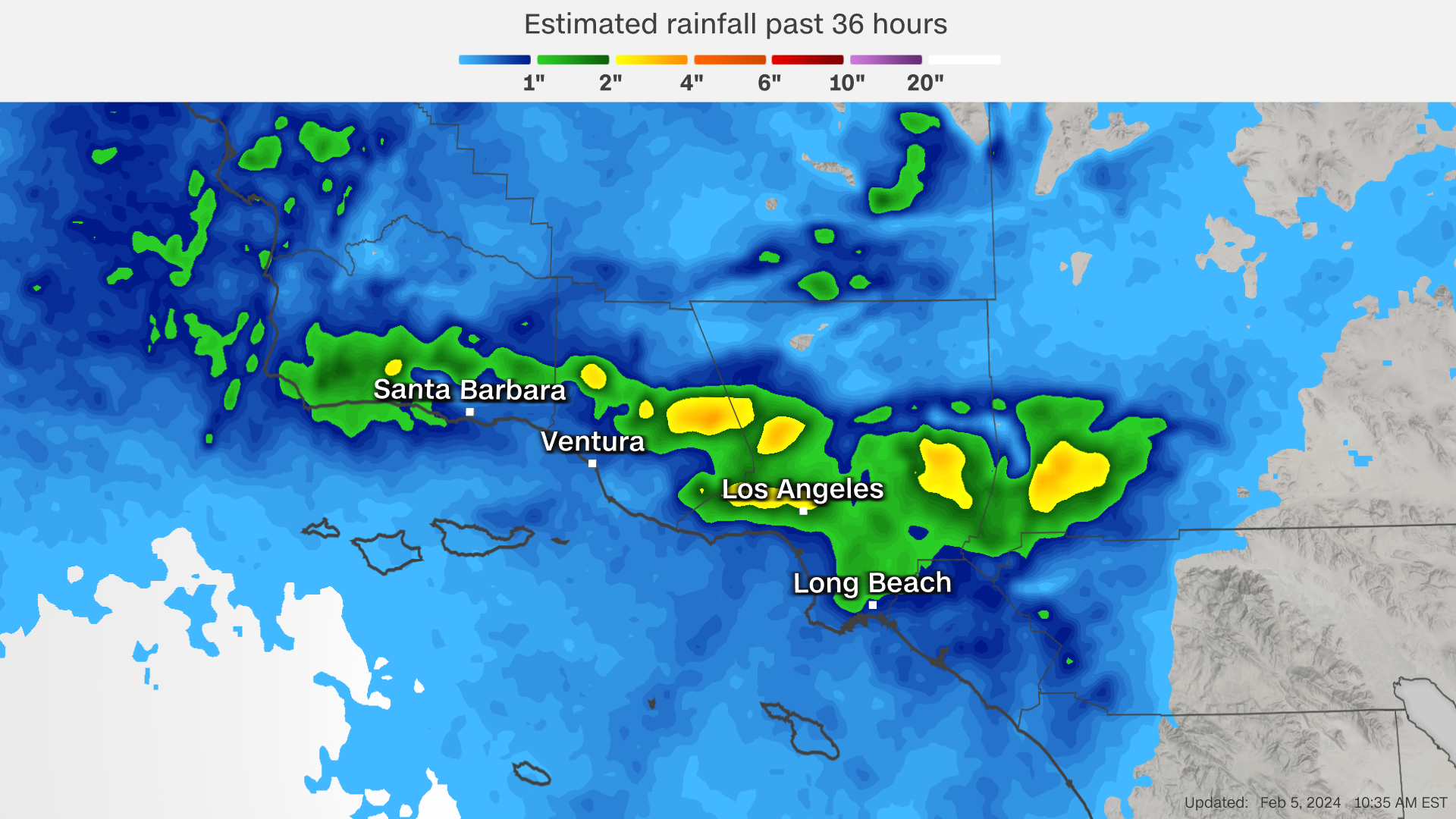 Radar estimated rainfall totals across Southern California as of 7:35 a.m. PT. 