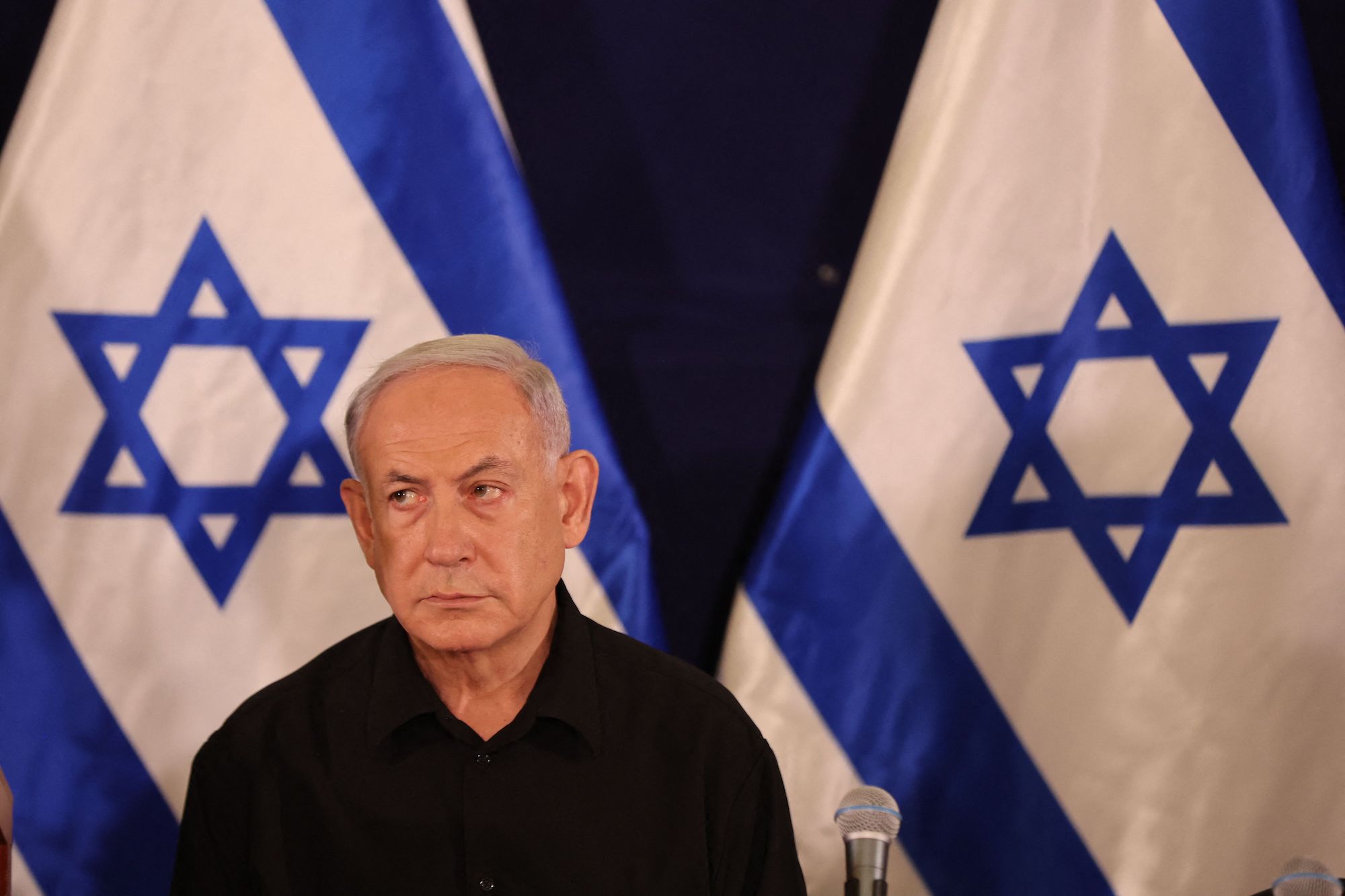 Israeli Prime Minister Benjamin Netanyahu attends a press conference at the Kirya military base in Tel Aviv on Saturday.
