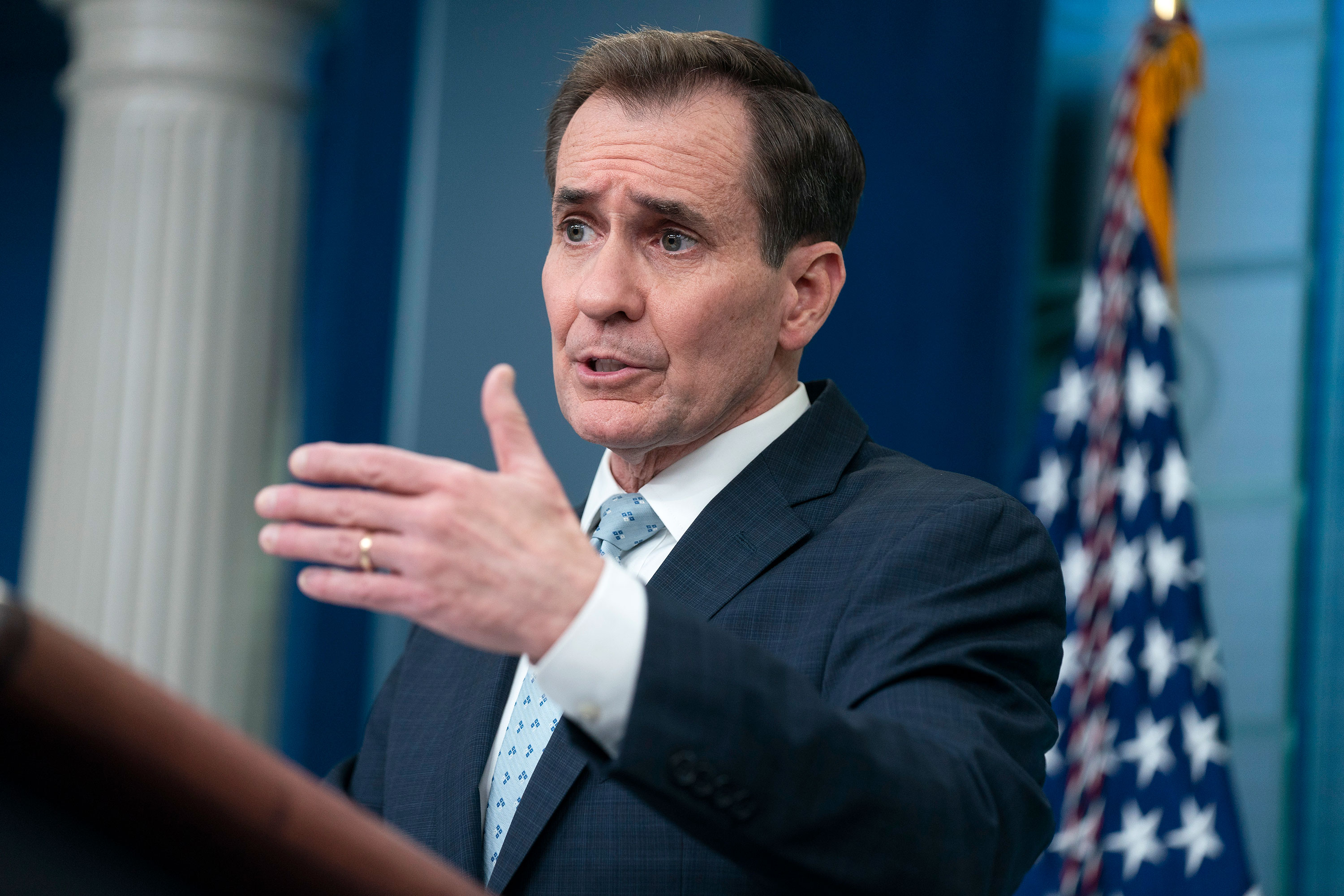National Security Council spokesperson John Kirby speaks during a press briefing at the White House on February 13.