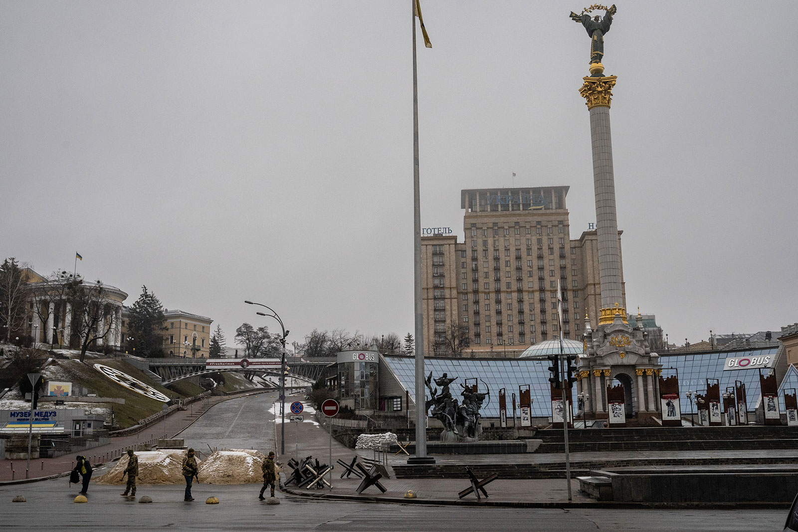 Ukrainian soldiers are seen in Independence Square in Kyiv on March 2.