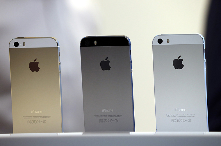 The new iPhone 5S is displayed during an Apple product announcement at the Apple campus on September 10, 2013 in Cupertino, California.