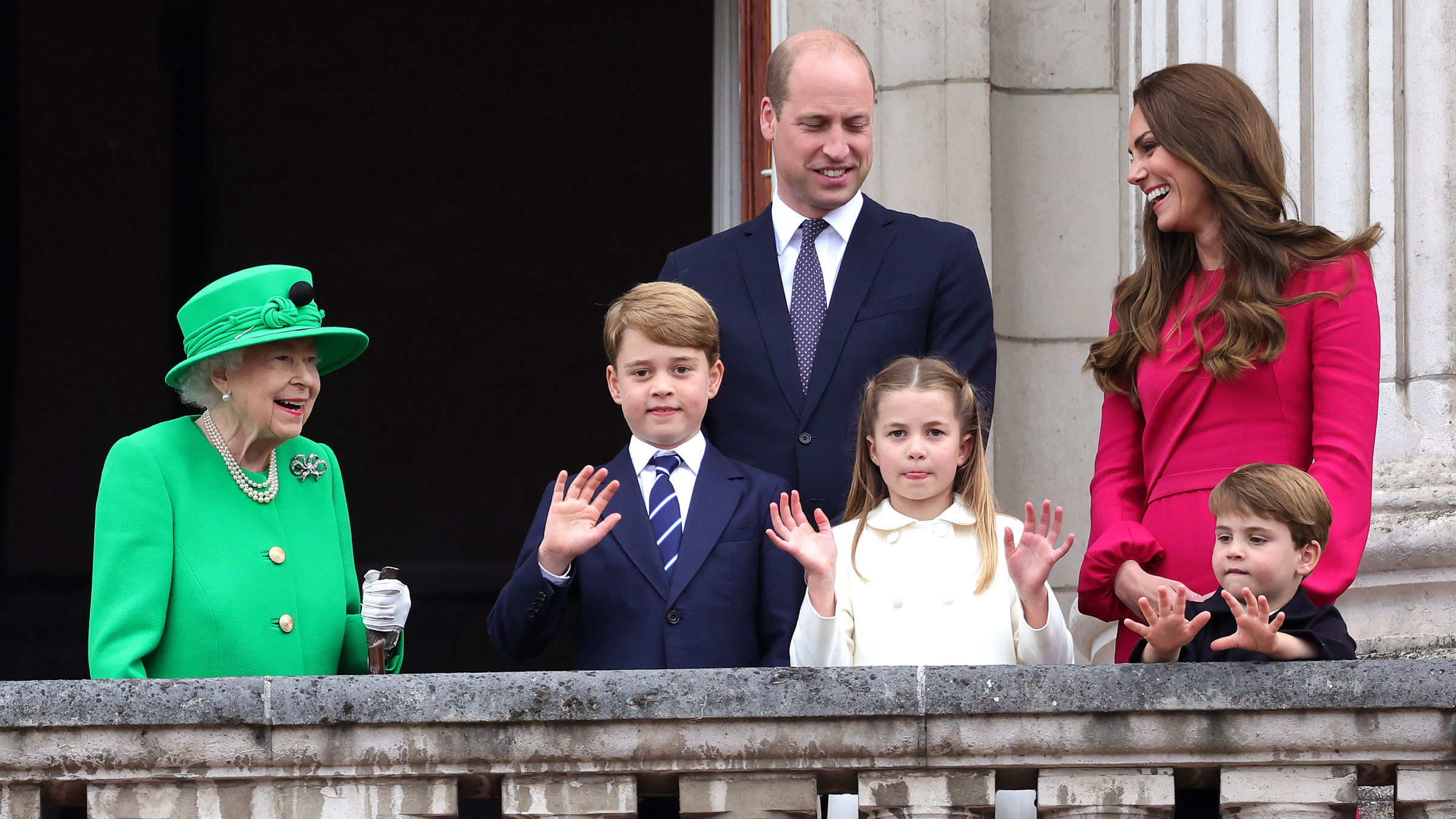 In this photo from June, Queen Elizabeth II joins Prince William; his wife, Catherine; and their three children -- George, Charlotte and Louis -- on the balcony of Buckingham Palace.