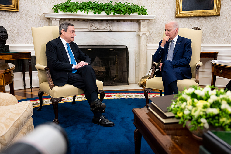 Italian Prime Minister Mario Draghi meets with US President Joe Biden in the Oval Office of the White House on Tuesday, May 10, in Washington, DC. T
