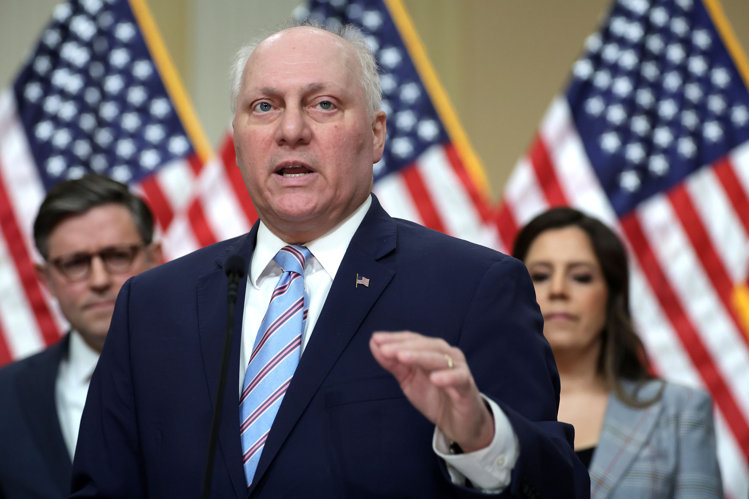 House Majority Leader Rep. Steve Scalise speaks as Speaker of the House Rep. Mike Johnson and Rep. Elise Stefanik listen during a news conference at the Cannon House Office Building on Capitol Hill on March 6 in Washington, DC.