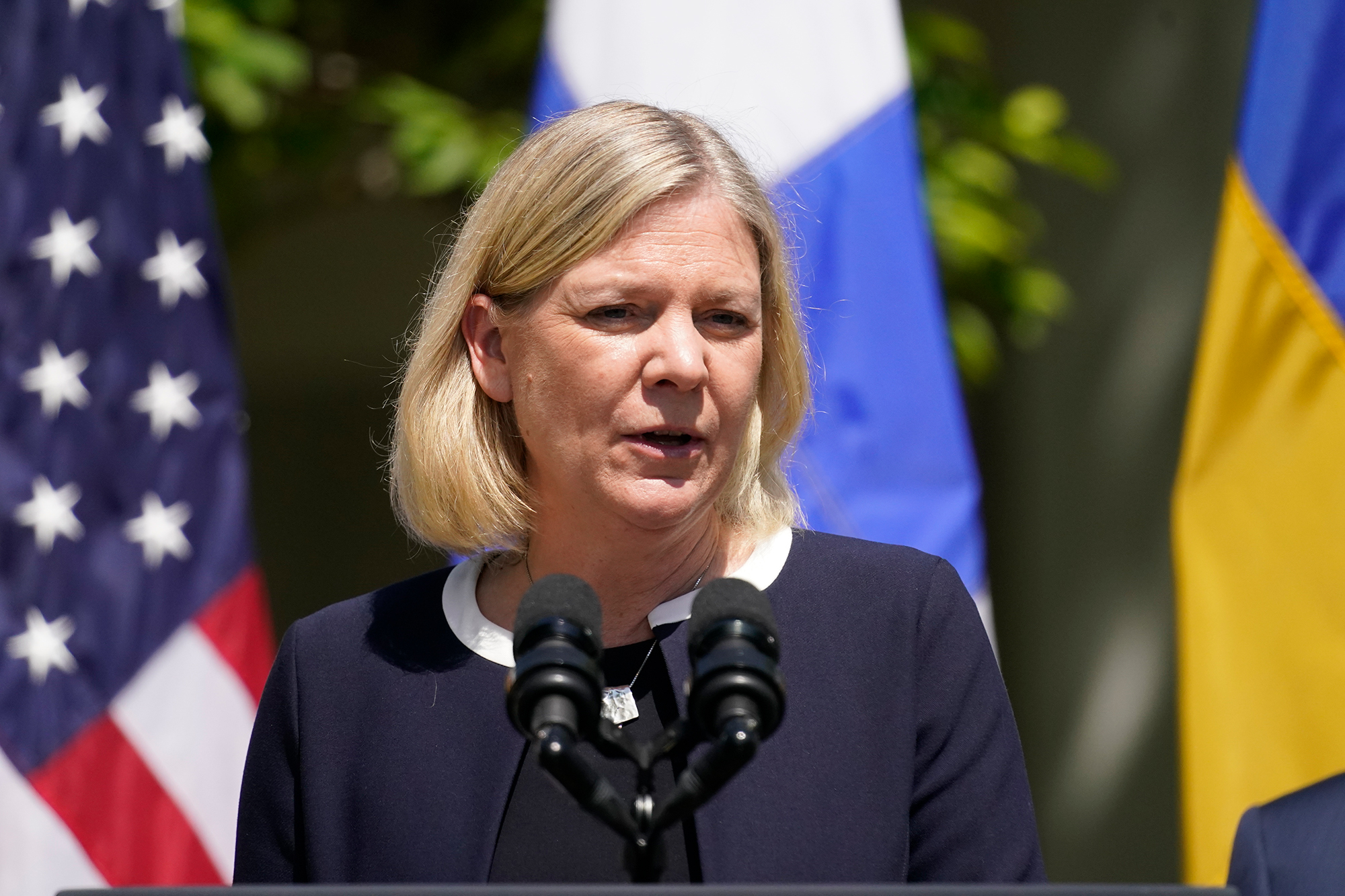 Swedish Prime Minister Magdalena Andersson speaks at the White House on May 19. 