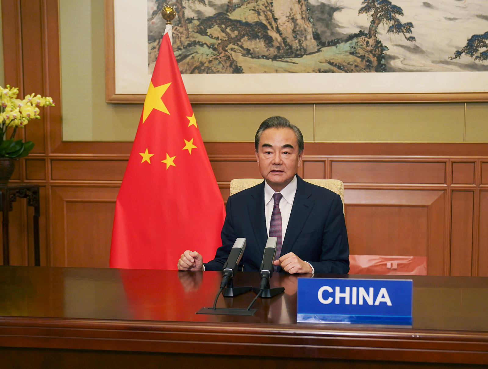 Chinese Foreign Minister Wang Yi delivers a speech in Beijing, China on July 17.