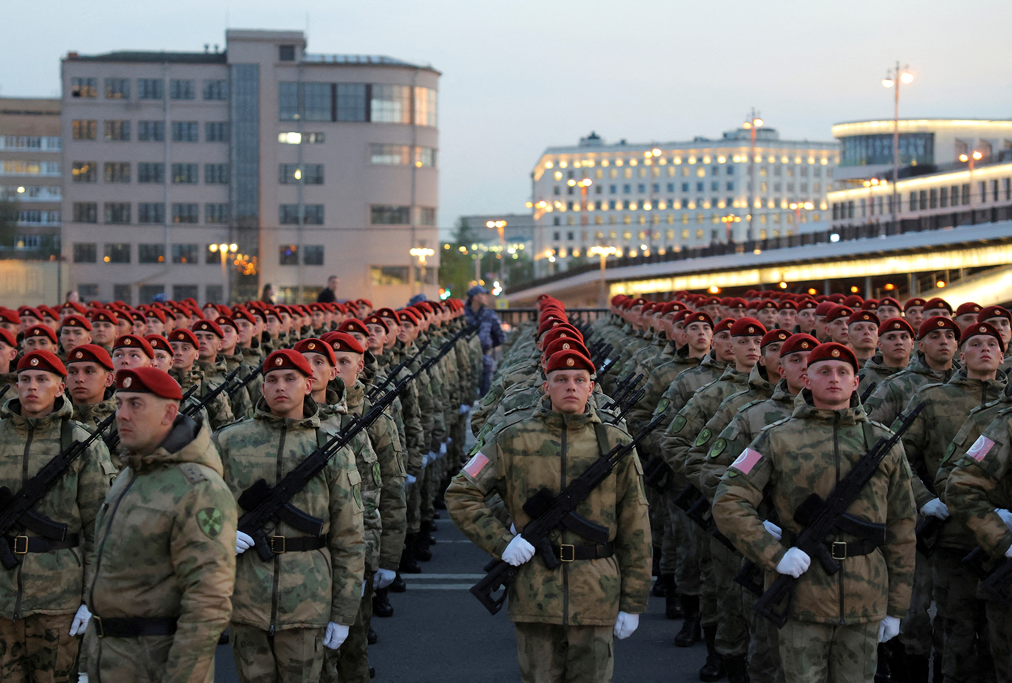 Russian service members line up before a rehearsal for a military parade marking the anniversary of the victory over Nazi Germany in World War Two in Moscow, Russia, on April 27.