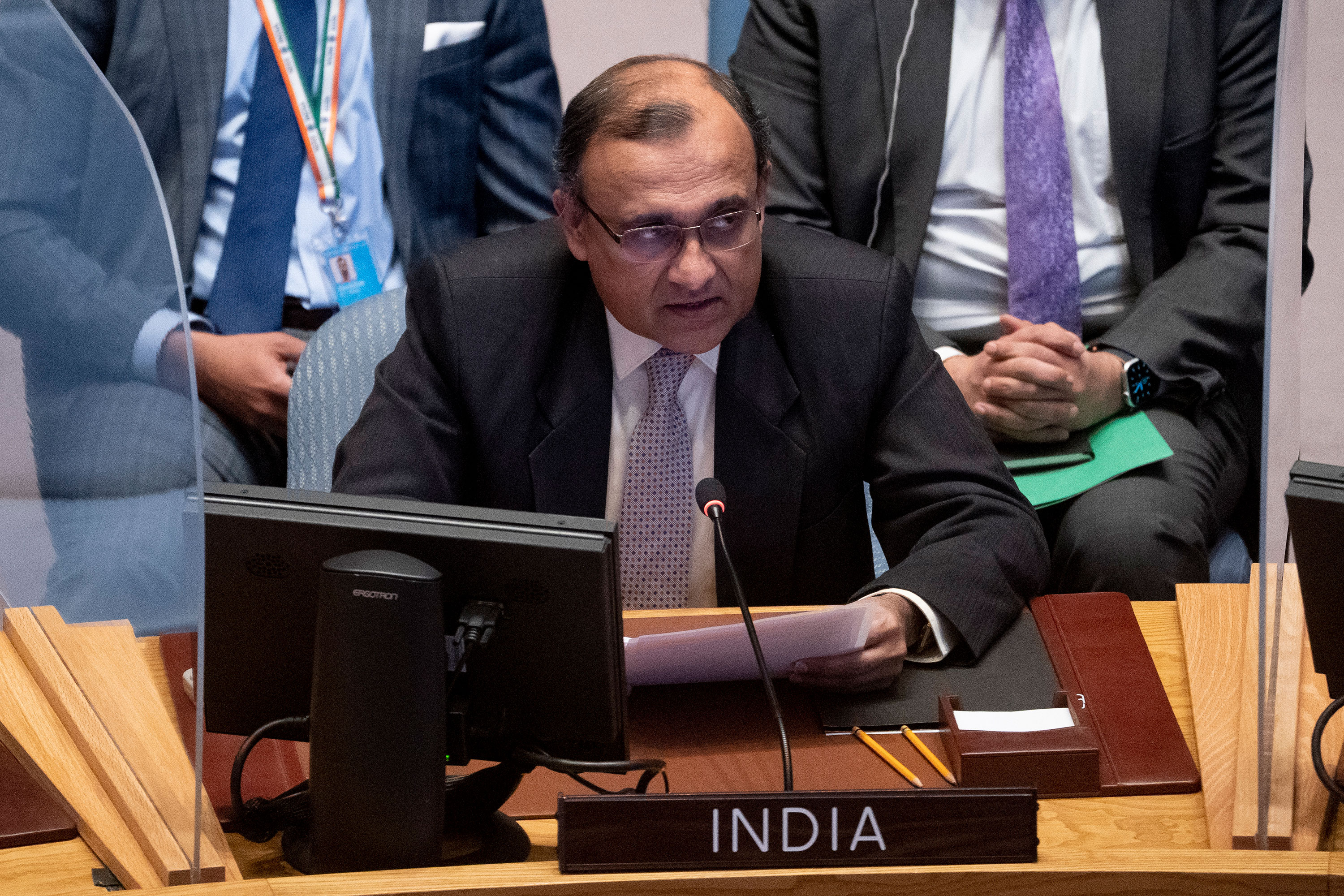 T. S. Tirumurti, Permanent Representative of India to the United Nations, speaks during a meeting of the UN Security Council on Tuesday.