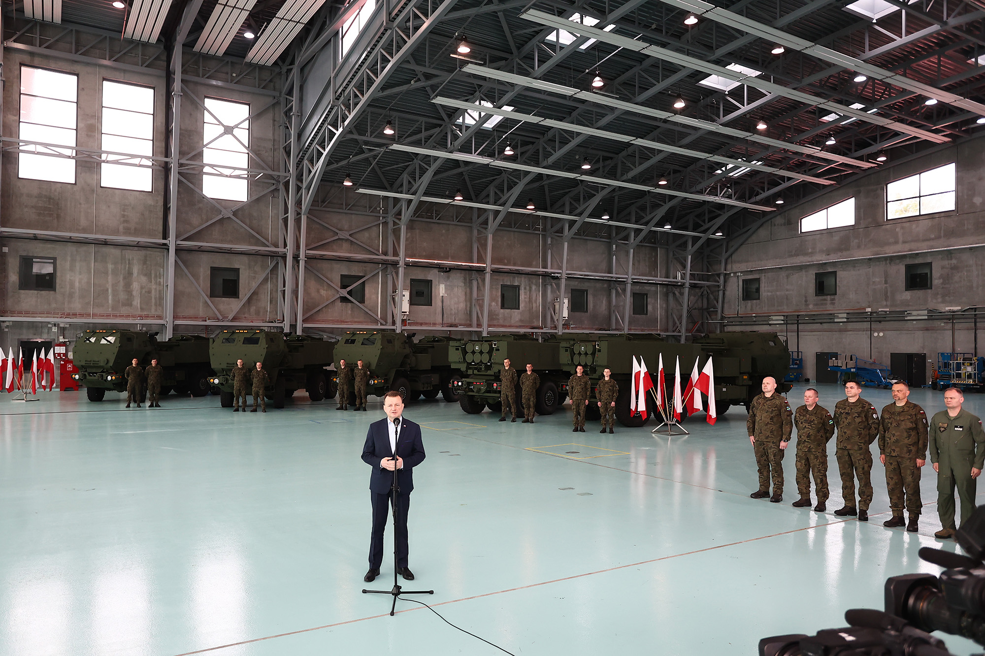 Poland's Deputy Prime Minister and Defense Minister Mariusz Blaszczak speaks during the presentation of the newly delivered M142 HIMARS rocket launch system in Warsaw, Poland on May 15.