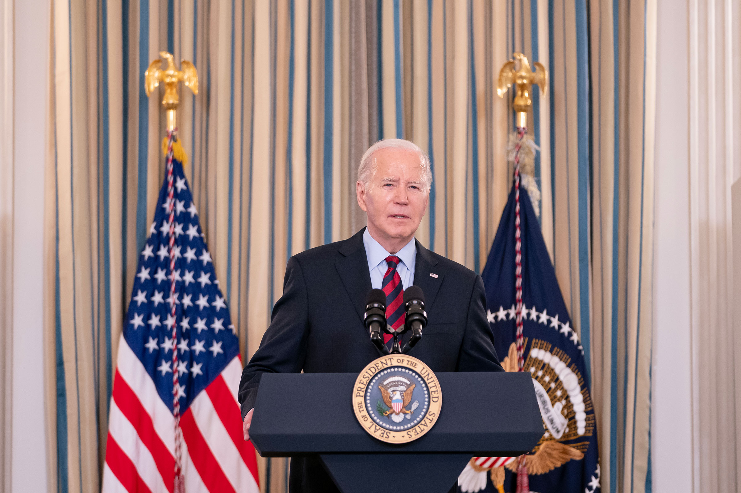 President Joe Biden speaks during a meeting with his Competition Council in the State Dining Room of the White House on March 5 in Washington, DC.