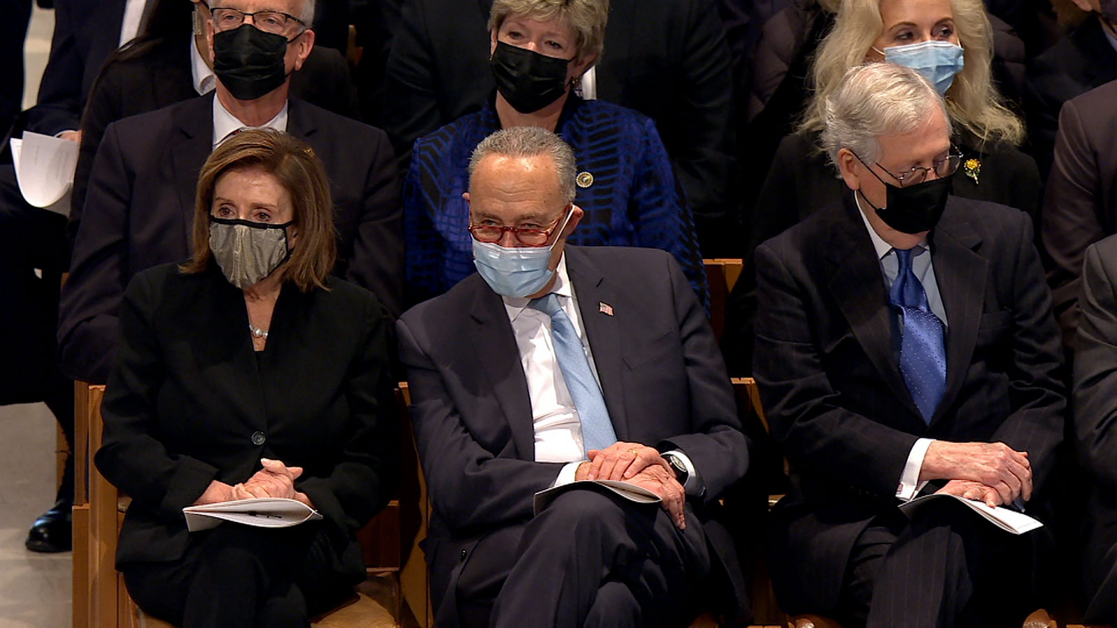 From left, House Speaker Nancy Pelosi, Senate Majority Leader Chuck Schumer and Senate Minority Leader Mitch McConnell attend Dole's funeral on Friday morning.