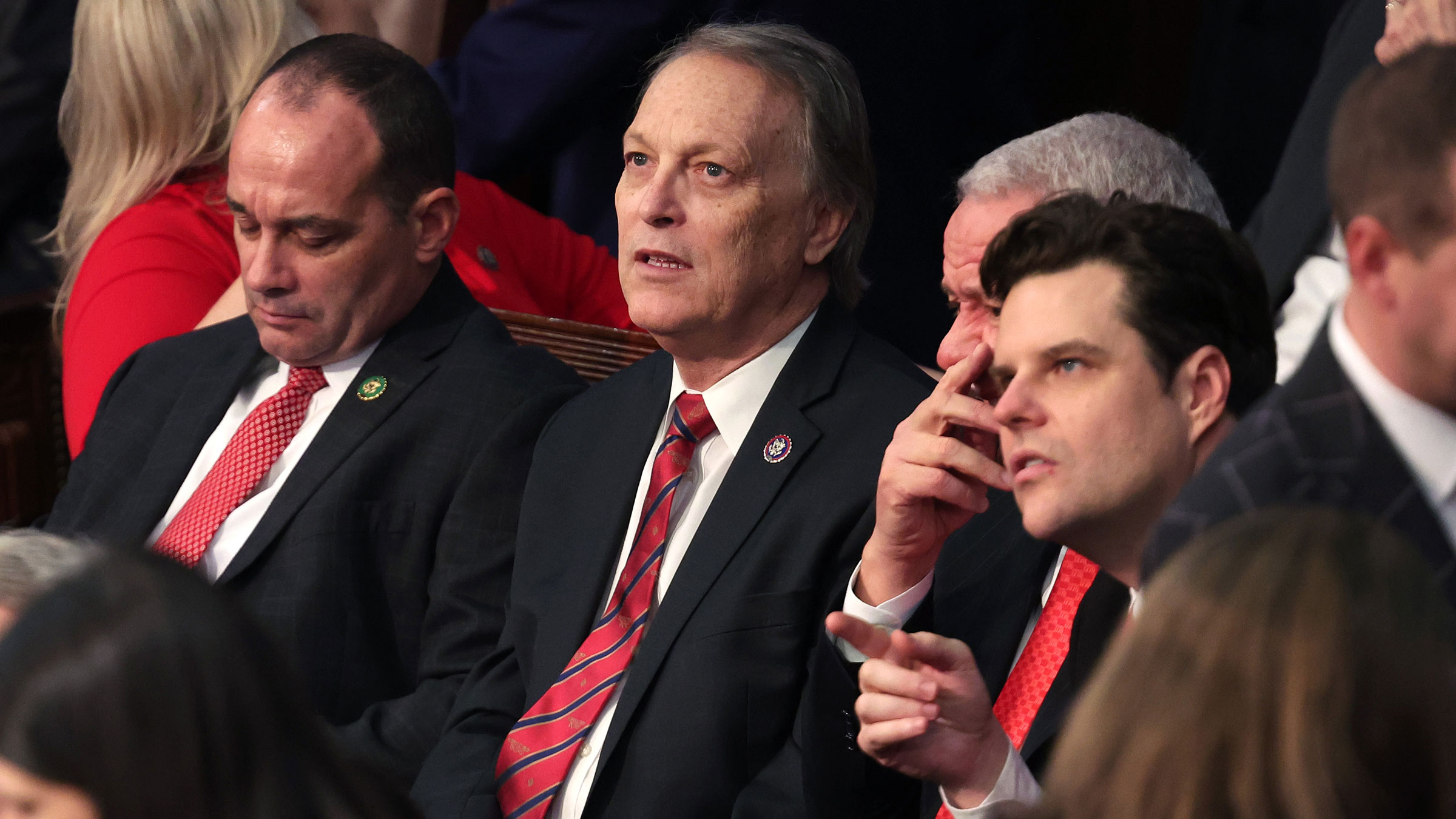 From left, US Reps. Bob Good, Andy Biggs and Matt Gaetz sit together on Tuesday.