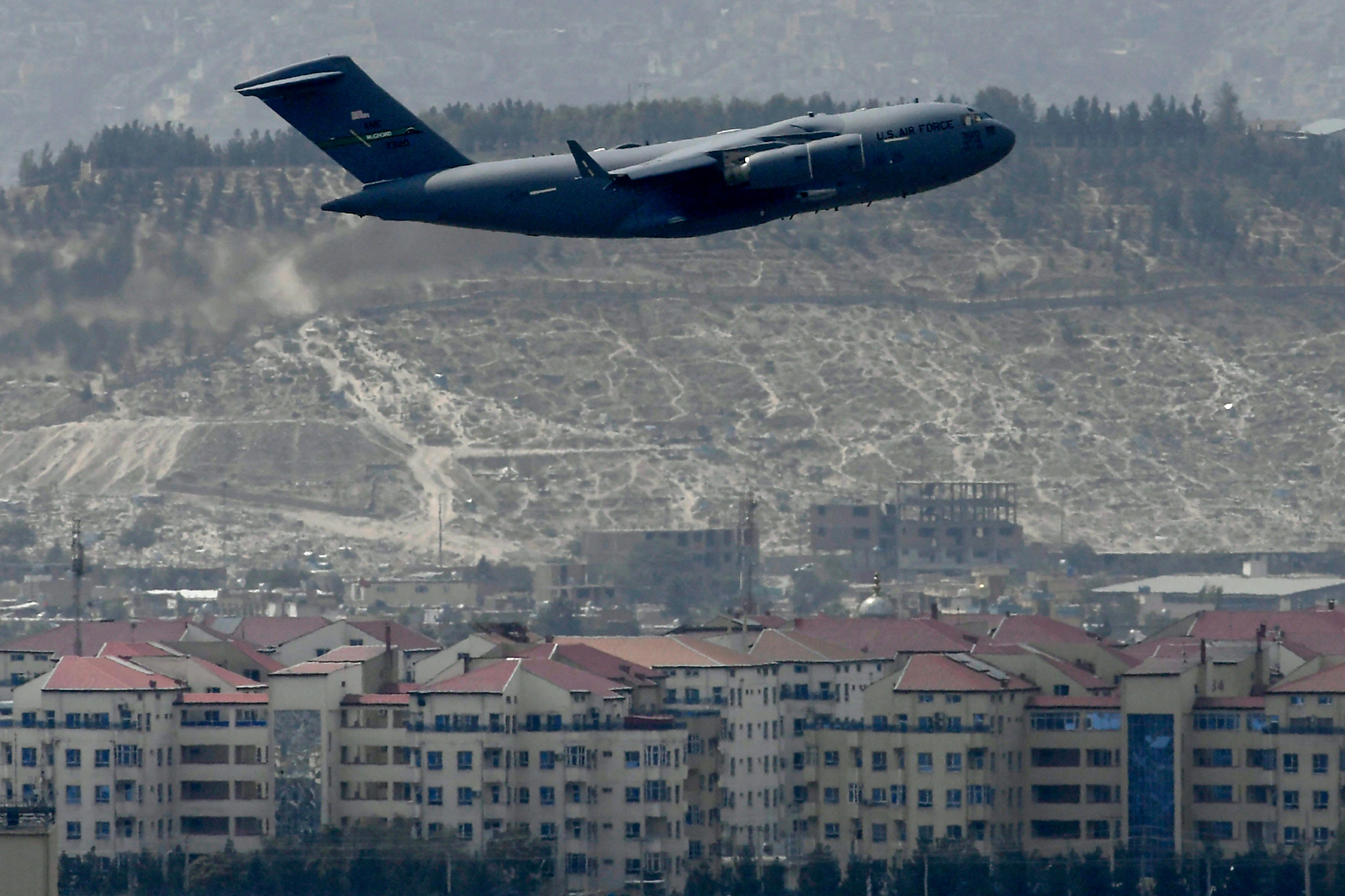 An US Air Force aircraft takes off from the airport in Kabul on August 30. 
