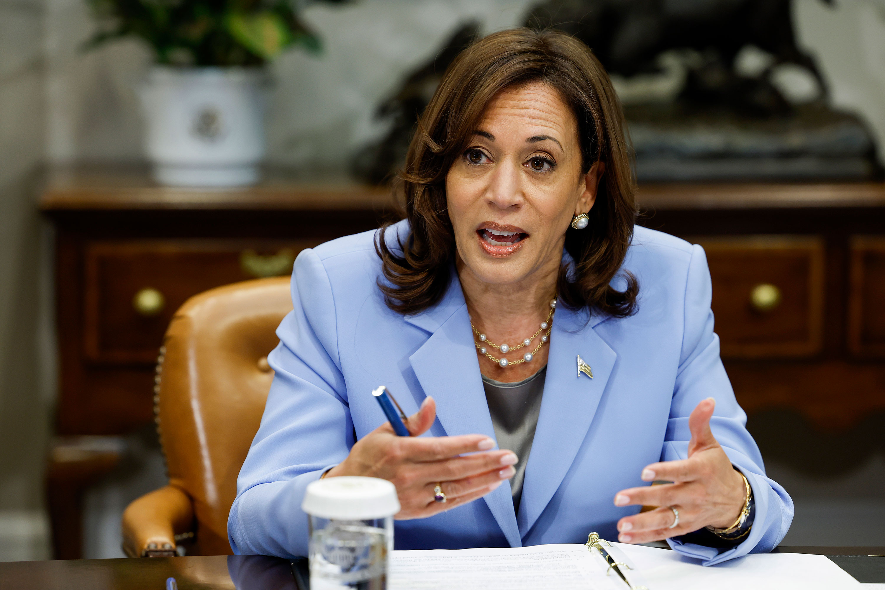 Vice President Kamala Harris speaks in the Roosevelt Room of the White House in April.