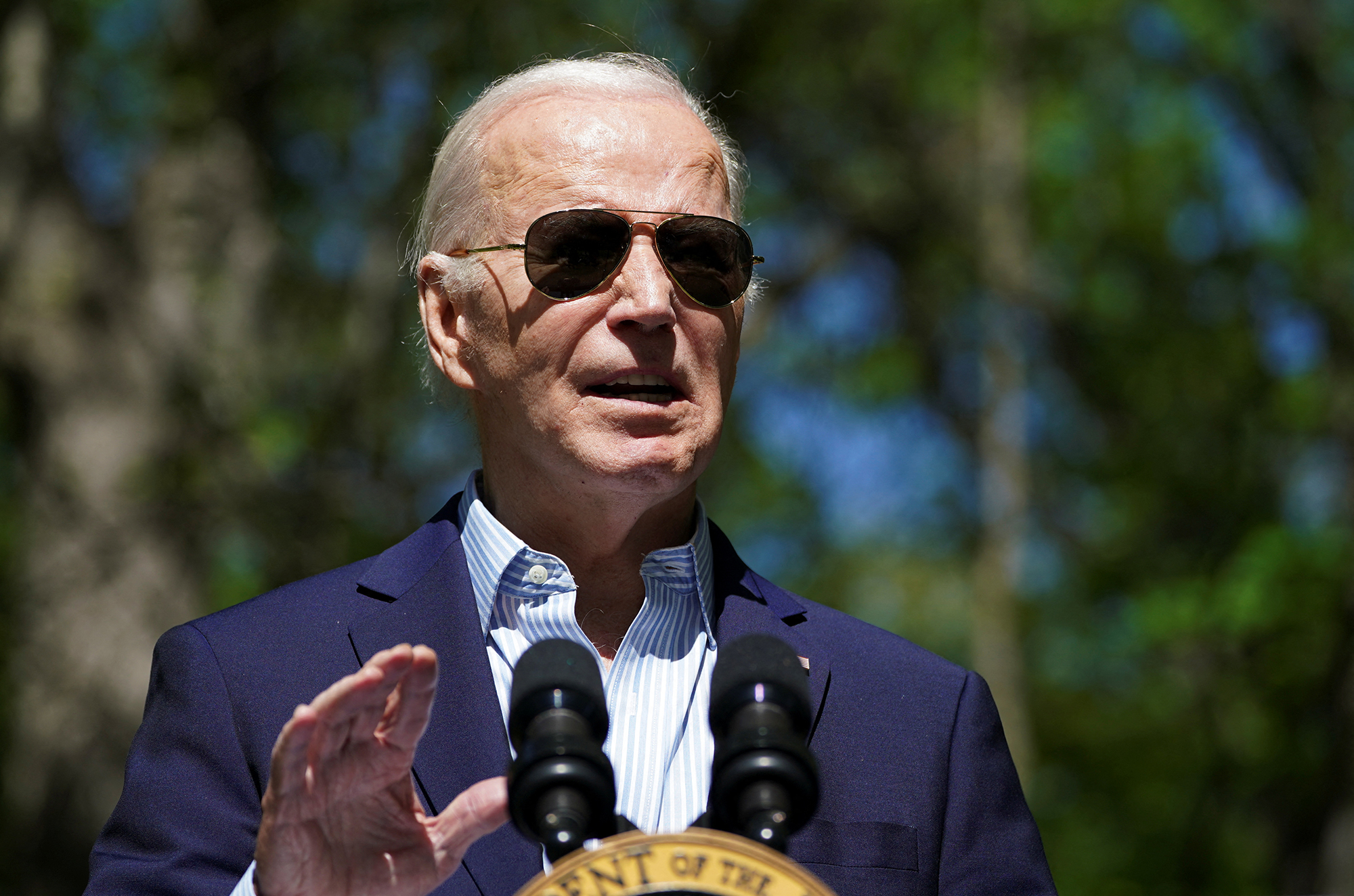 U.S. President Joe Biden delivers remarks during a visit to Prince William Forest Park to commemorate Earth Day in Triangle, Virginia, today.