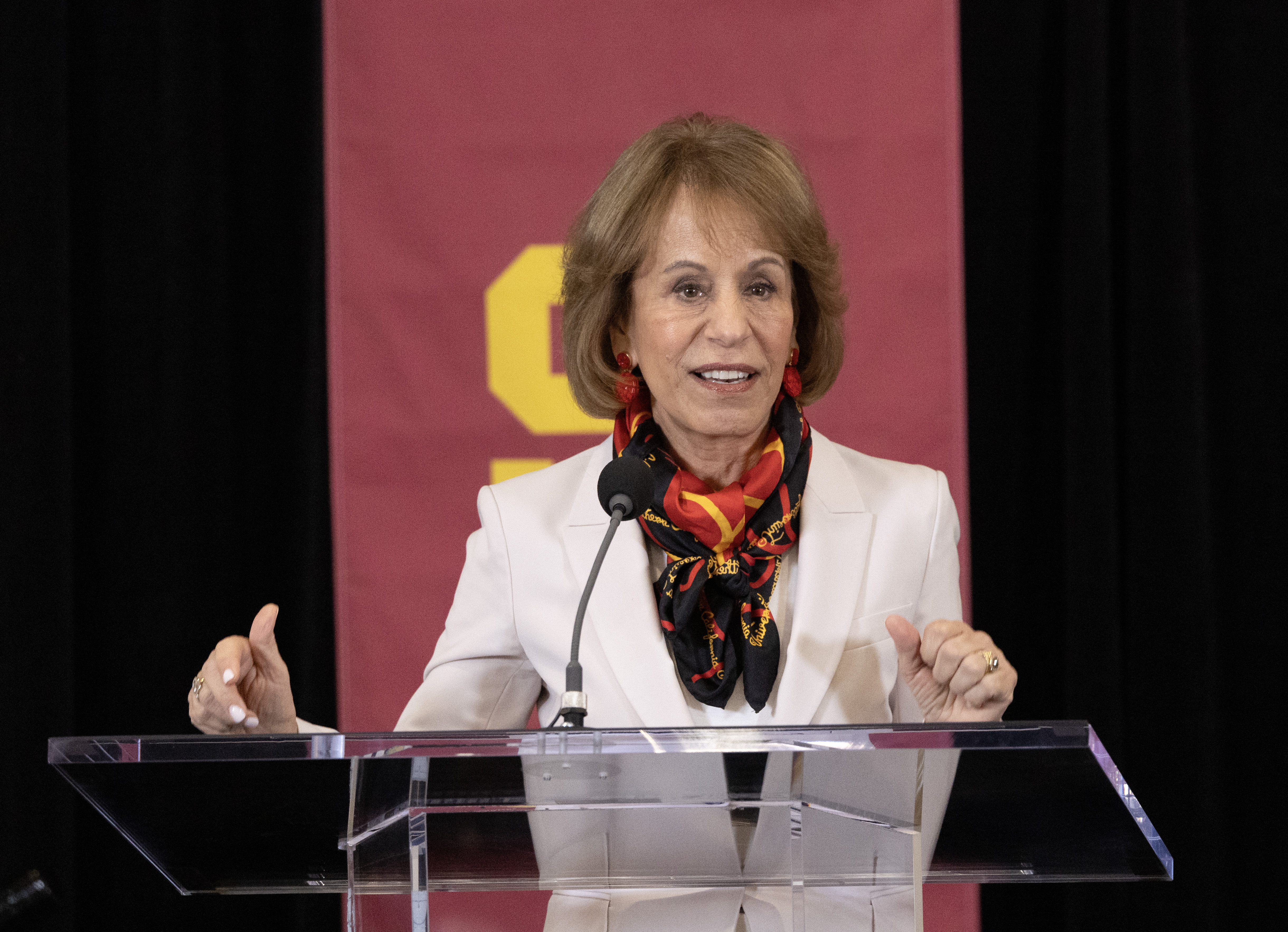 University of Southern California President Carol Folt speaks during a press conference on April 5 at Albert J. Centofante Hall of Champions at Galen Center in Los Angeles, California.