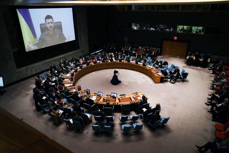 Ukrainian President Volodymyr Zelensky addresses the United Nations Security Council via video on April 5.