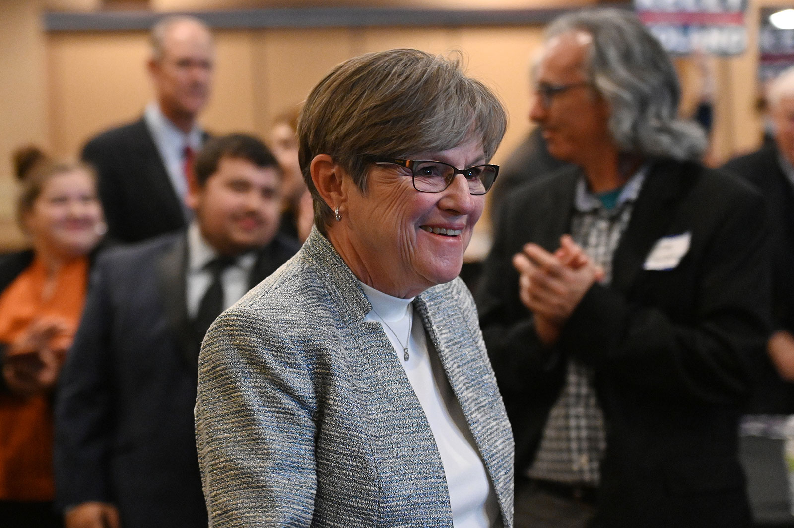 Gov. Laura Kelly arrives to address supporters at her election night party in Topeka, Kansas, on Tuesday.