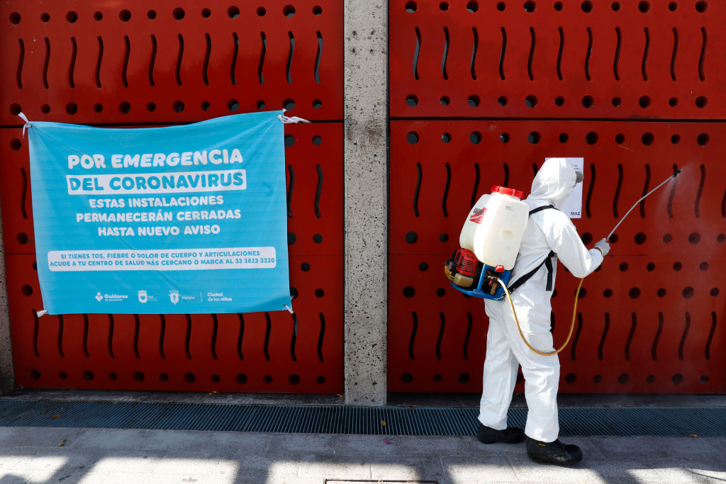 A member of the health personnel sanitizes the public spaces in Zapopan as part of the preventive measures against the spread of the Covid-19 on March 27 in Zapopan, Mexico. 