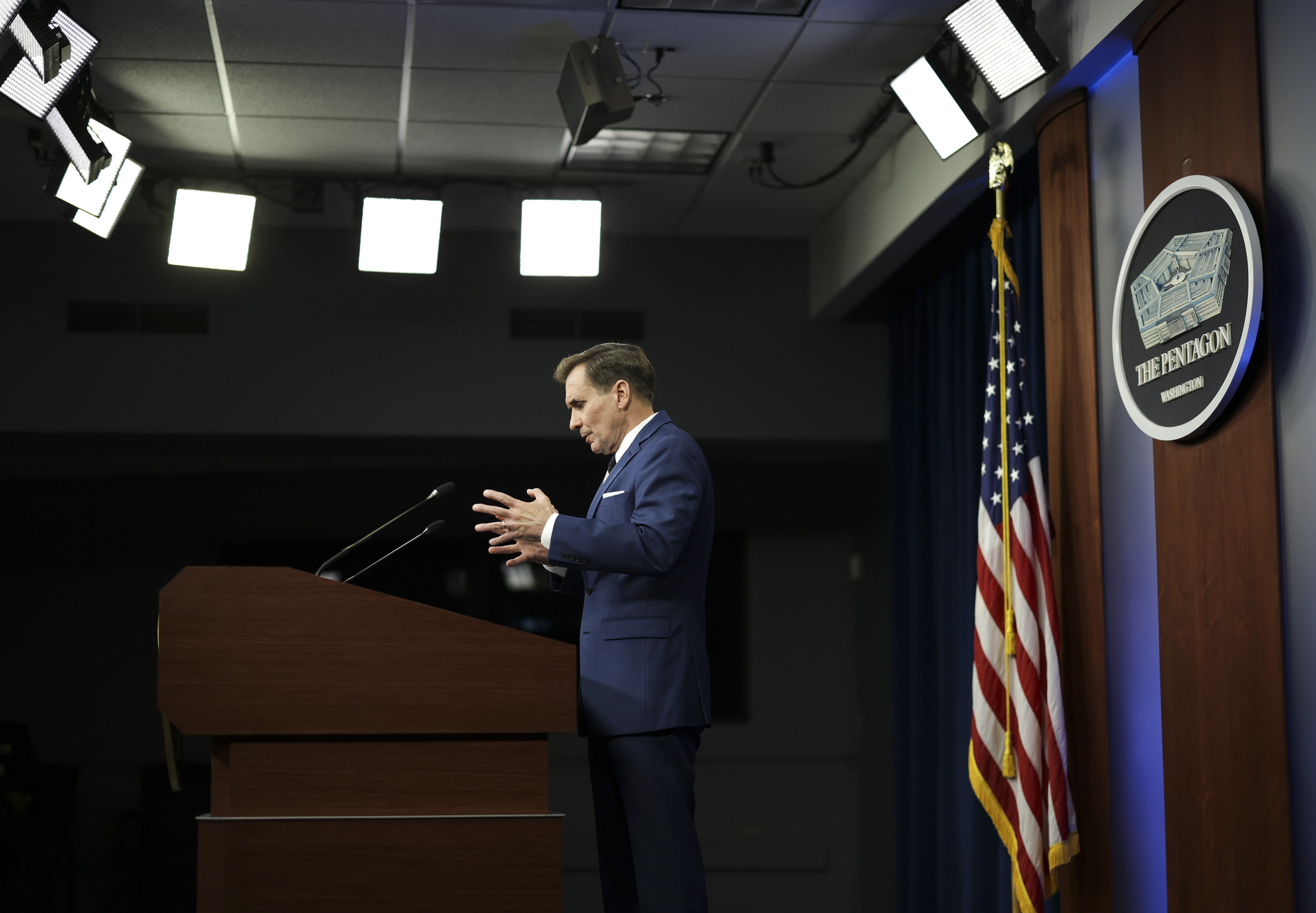 Pentagon spokesperson John Kirby holds a press briefing at the Pentagon in Arlington, Virginia, on Monday.