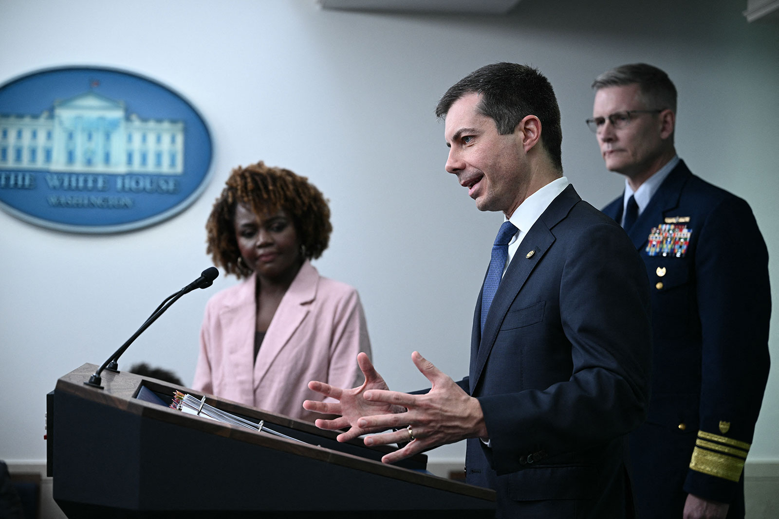 Transportation Secretary Pete Buttigieg speaks during the daily briefing at the White House in Washington, DC, on Wednesday.