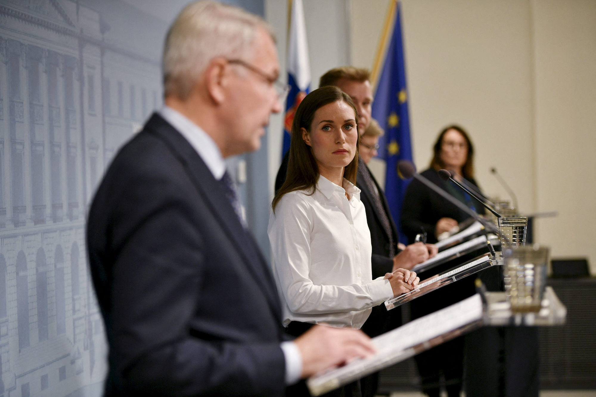 Finnish Prime Minister Sanna Marin attends a press conferencein Helsinki on September 28.