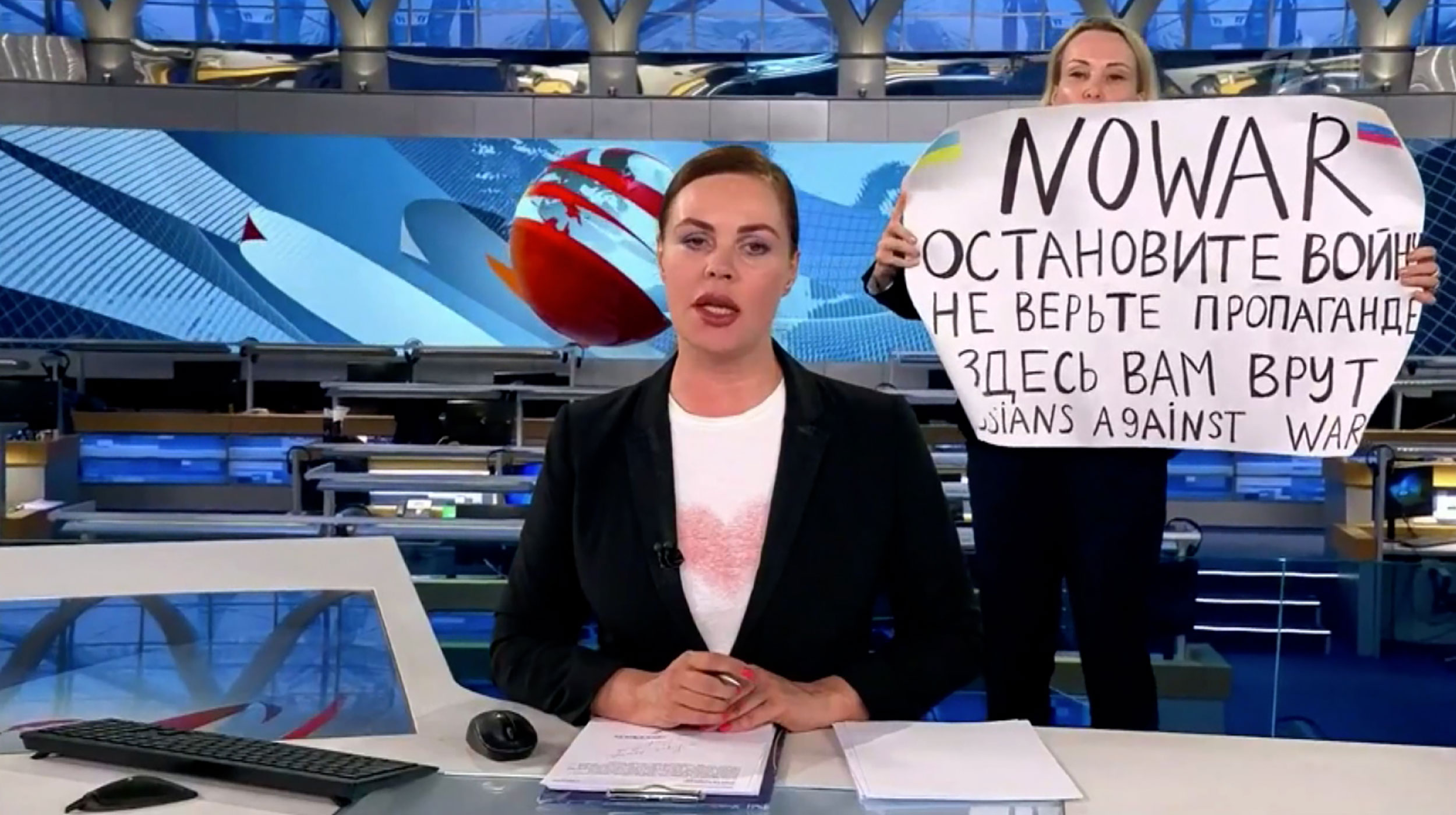 This screen grab shows Channel One editor Marina Ovsyannikova protesting on air on March 14.