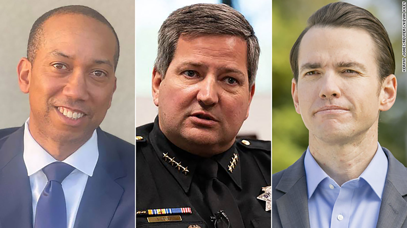 Democratic candidate Kermit Jones, left, Republican candidates Sacramento County Sheriff Scott Jones, center, and State Assemblyman Kevin Kiley, right. 