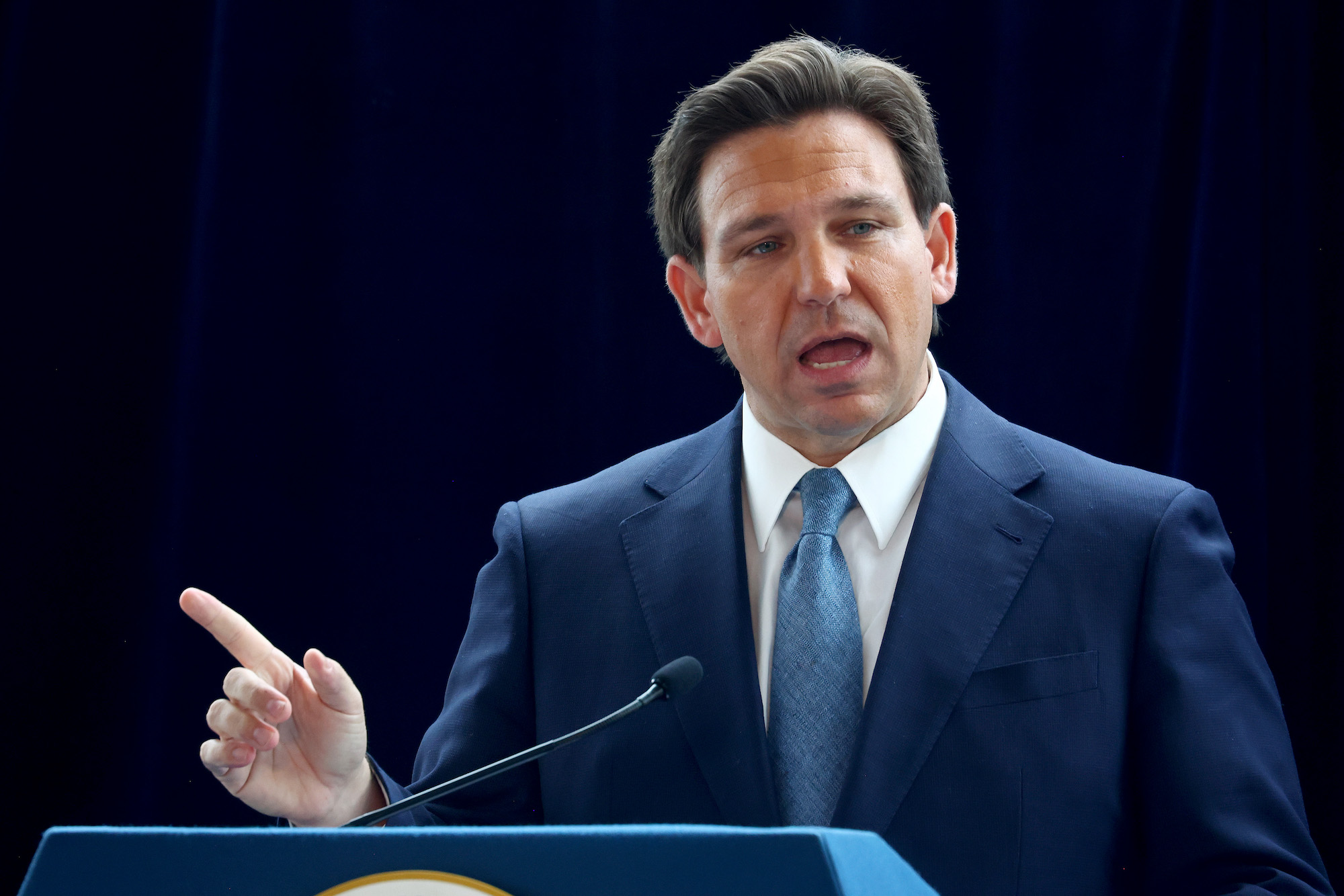 Florida Gov. Ron DeSantis speaks at the Ronald Reagan Presidential Library in Simi Valley, California, on Mach 5.