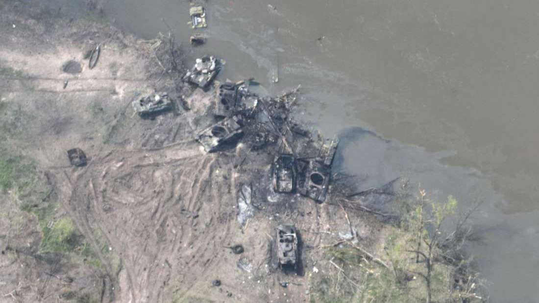 A drone image shows some of the dozens of burnt-out armored vehicles on the banks of the Siverskyi Donets River near Bilohorivka, Ukraine on May 12. 