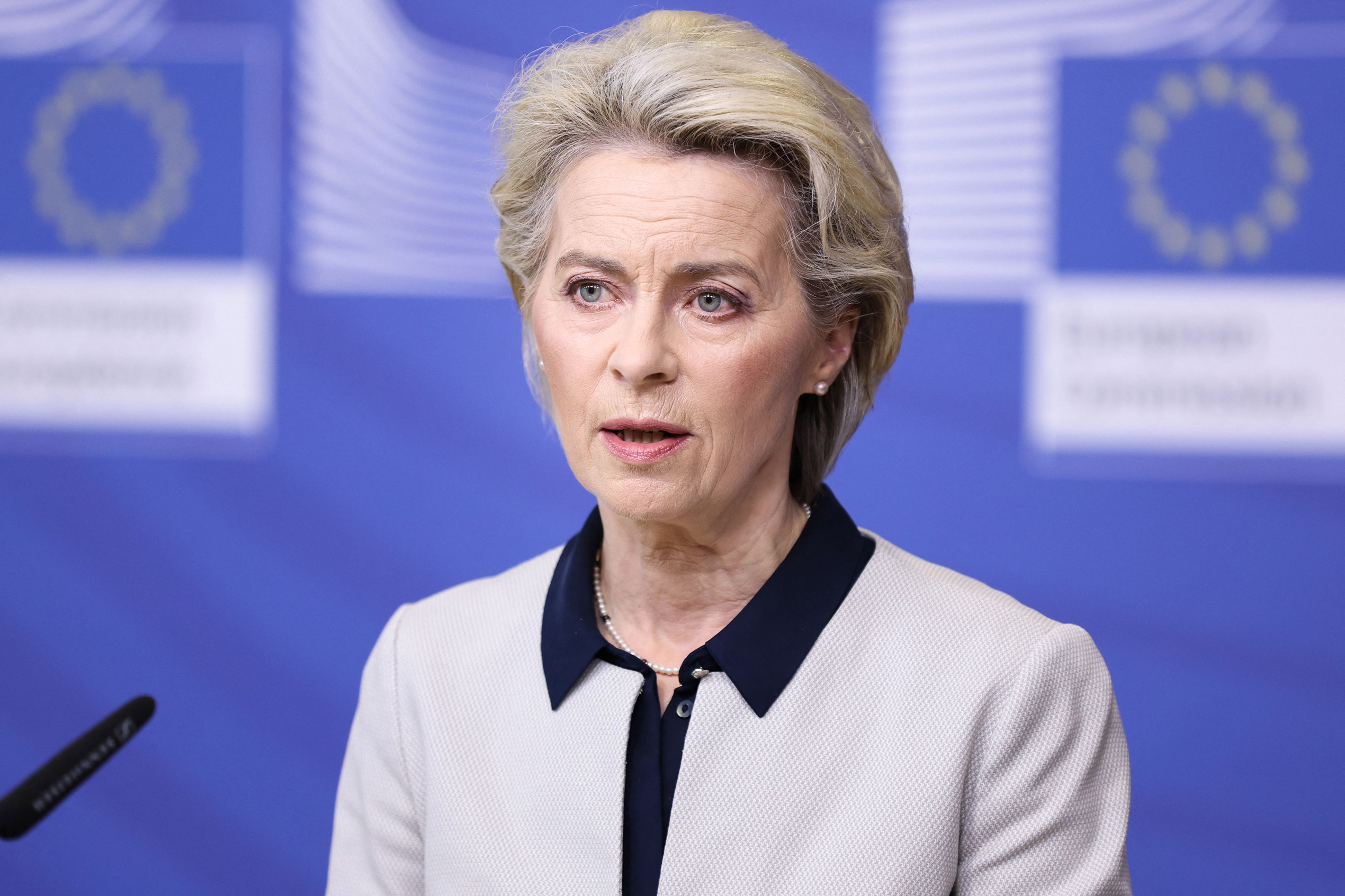 European Commission President Ursula von der Leyen speaks during a press statement on Russia's attack on Ukraine, in Brussels on Feb. 24.