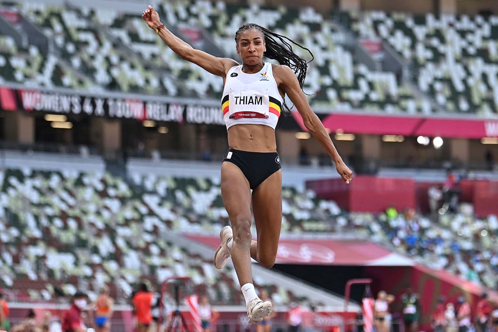 Belgium's Nafissatou Thiam competes in the women's heptathlon long jump on August 5.